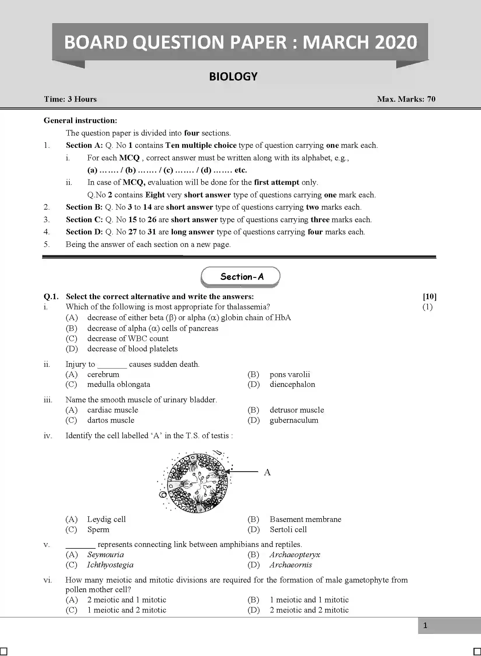 Maharashtra Board Class 12th 2020 Biology - March 2020 Previous Year Paper 1