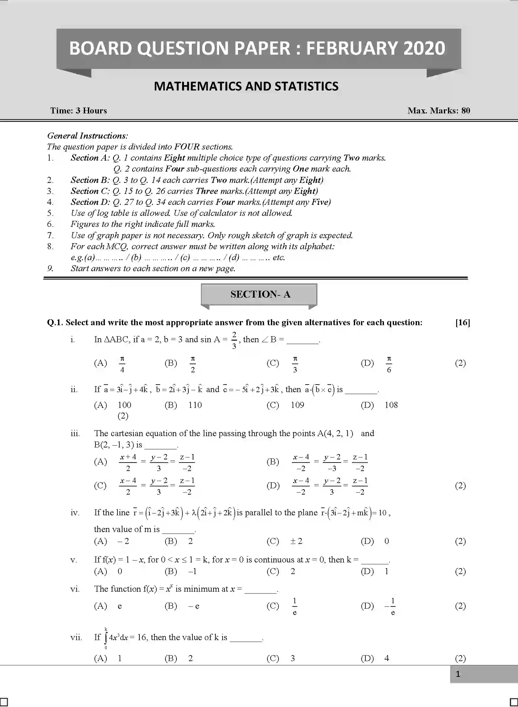 Maharashtra Board Class 12th 2020 Mathematics & Statistics - Feb 2020 Previous Year Paper 1