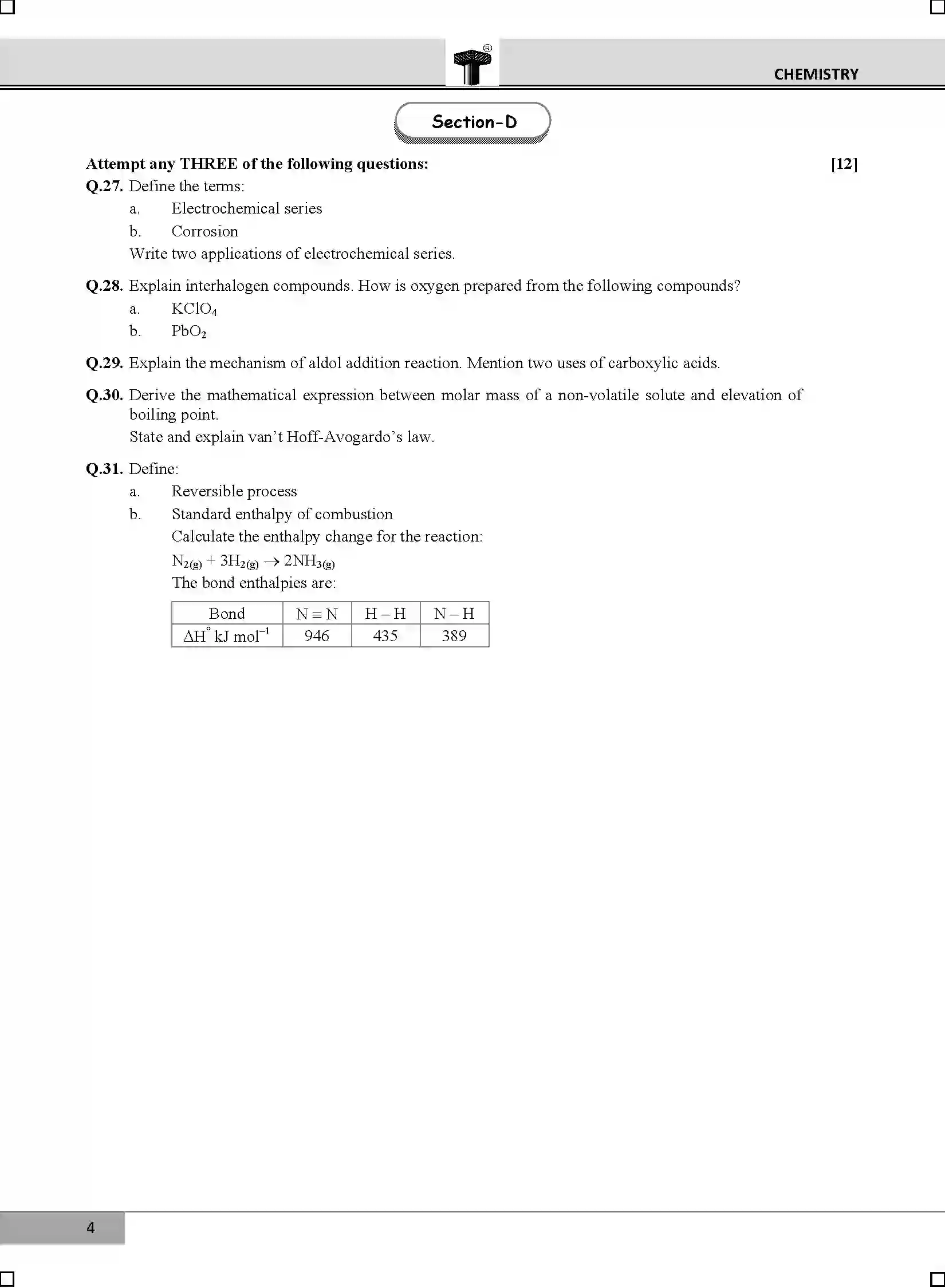 Maharashtra Board Class 12th 2020 Chemistry - Feb 2020 Previous Year Paper 4