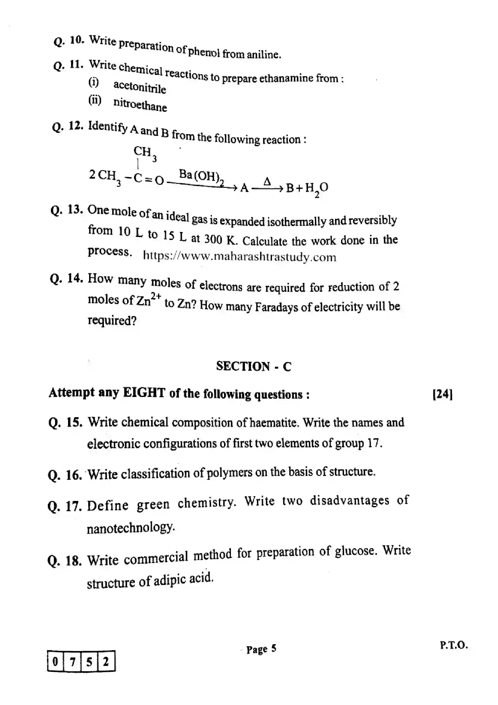 Maharashtra Board Class 12th 2022 Chemistry Previous Year Paper 5