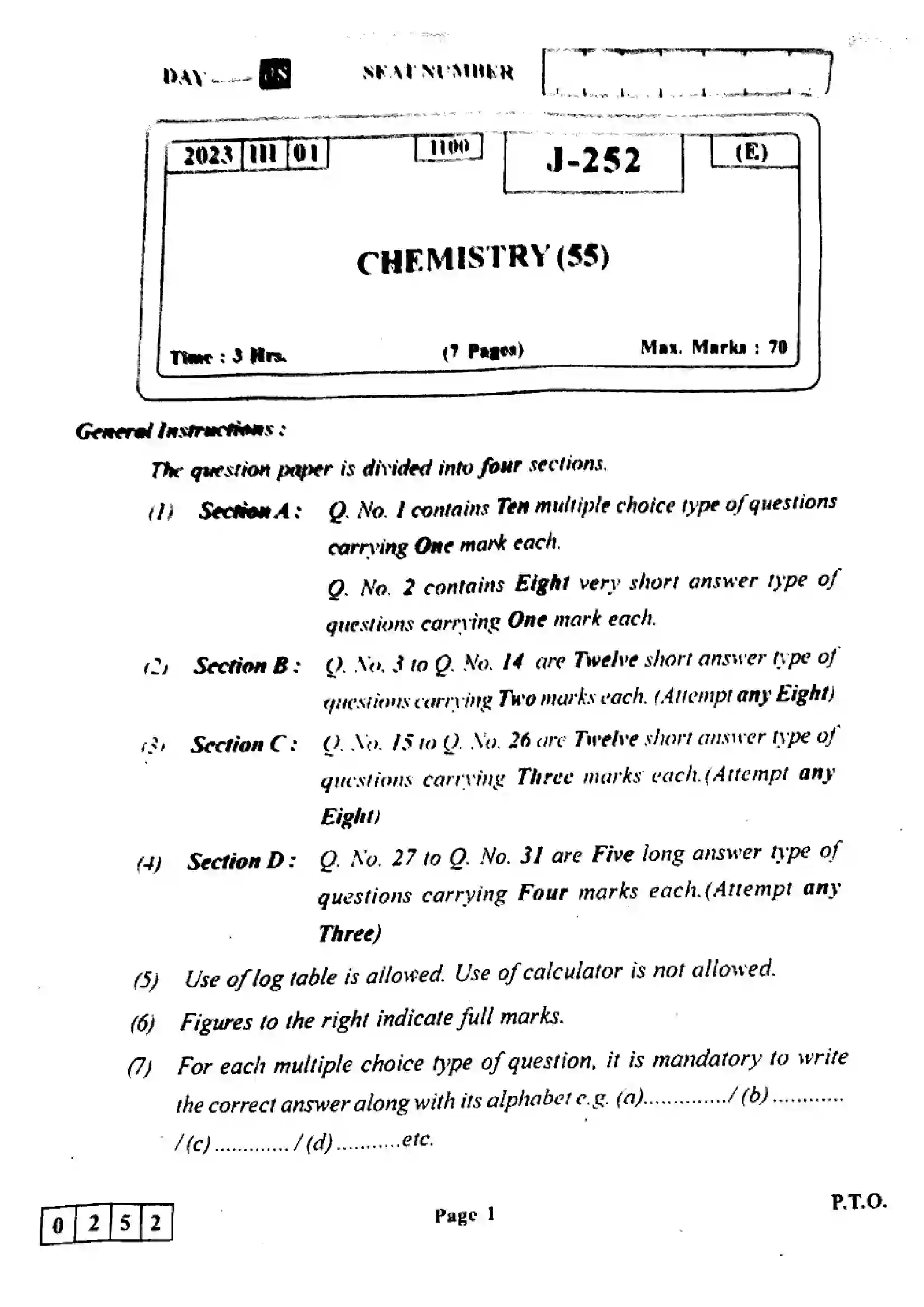 Maharashtra Board Class 12th 2023 Chemistry Previous Year Paper 1