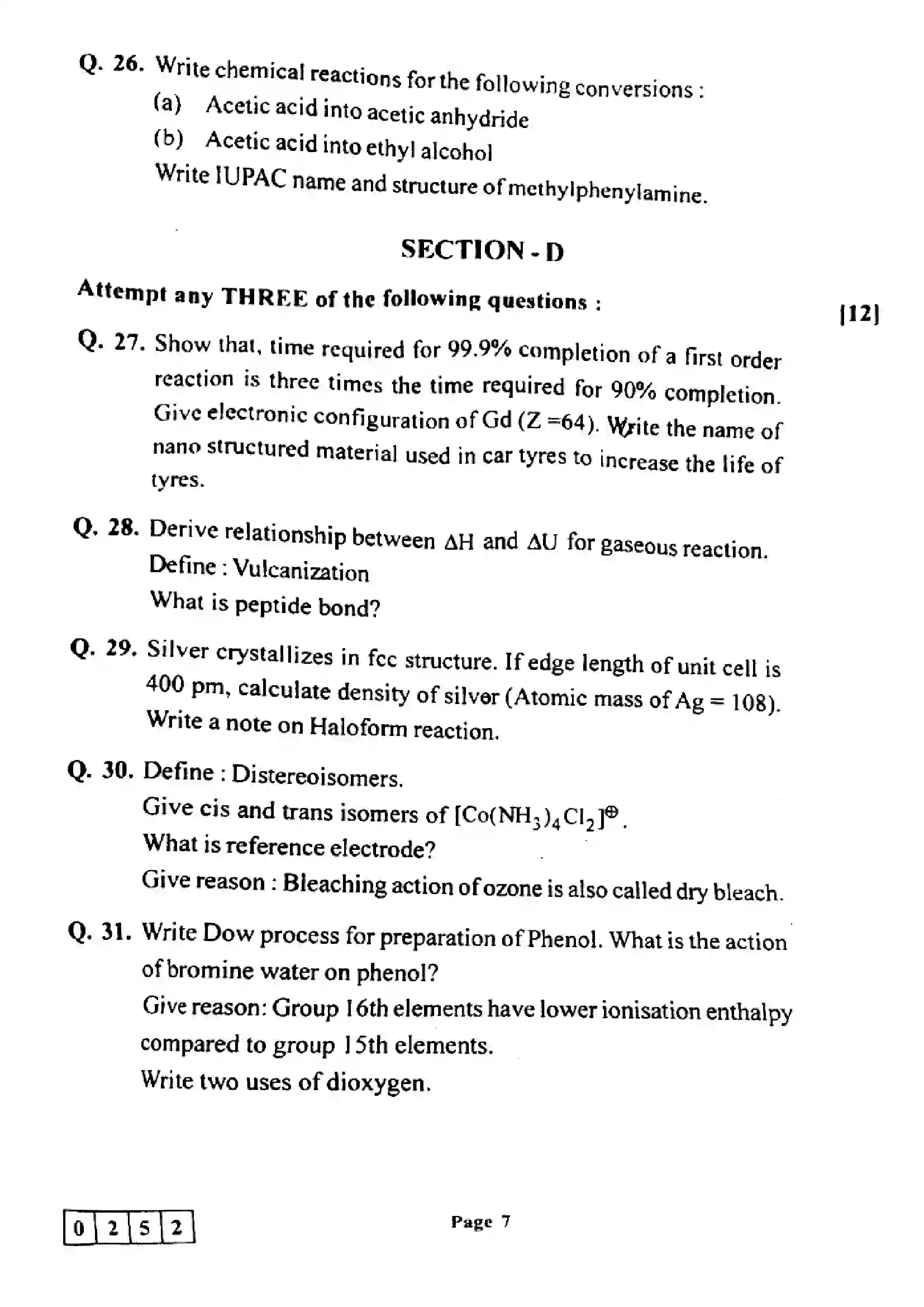 Maharashtra Board Class 12th 2023 Chemistry Previous Year Paper 7