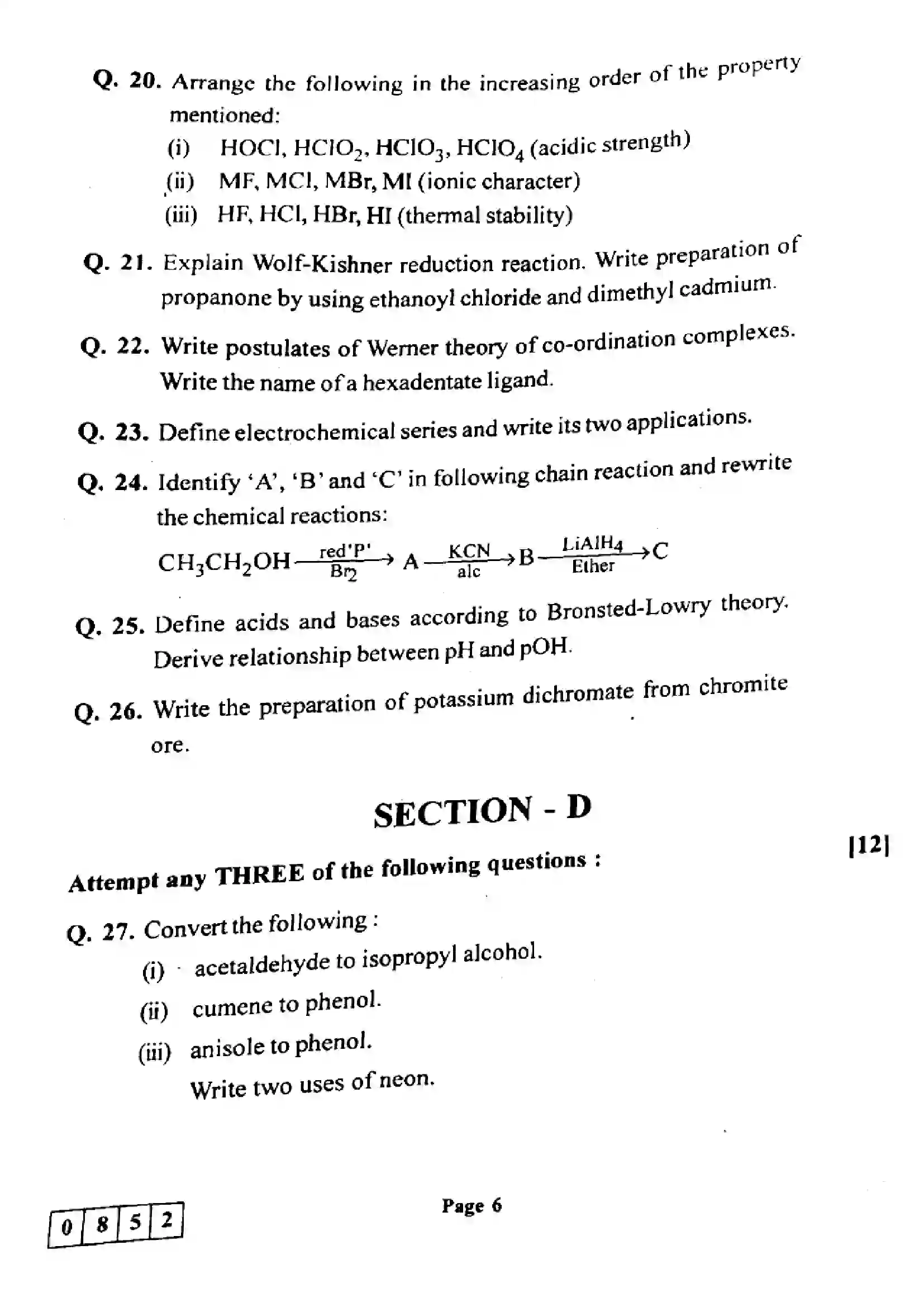 Maharashtra Board Class 12th 2024 Chemistry Previous Year Paper 6
