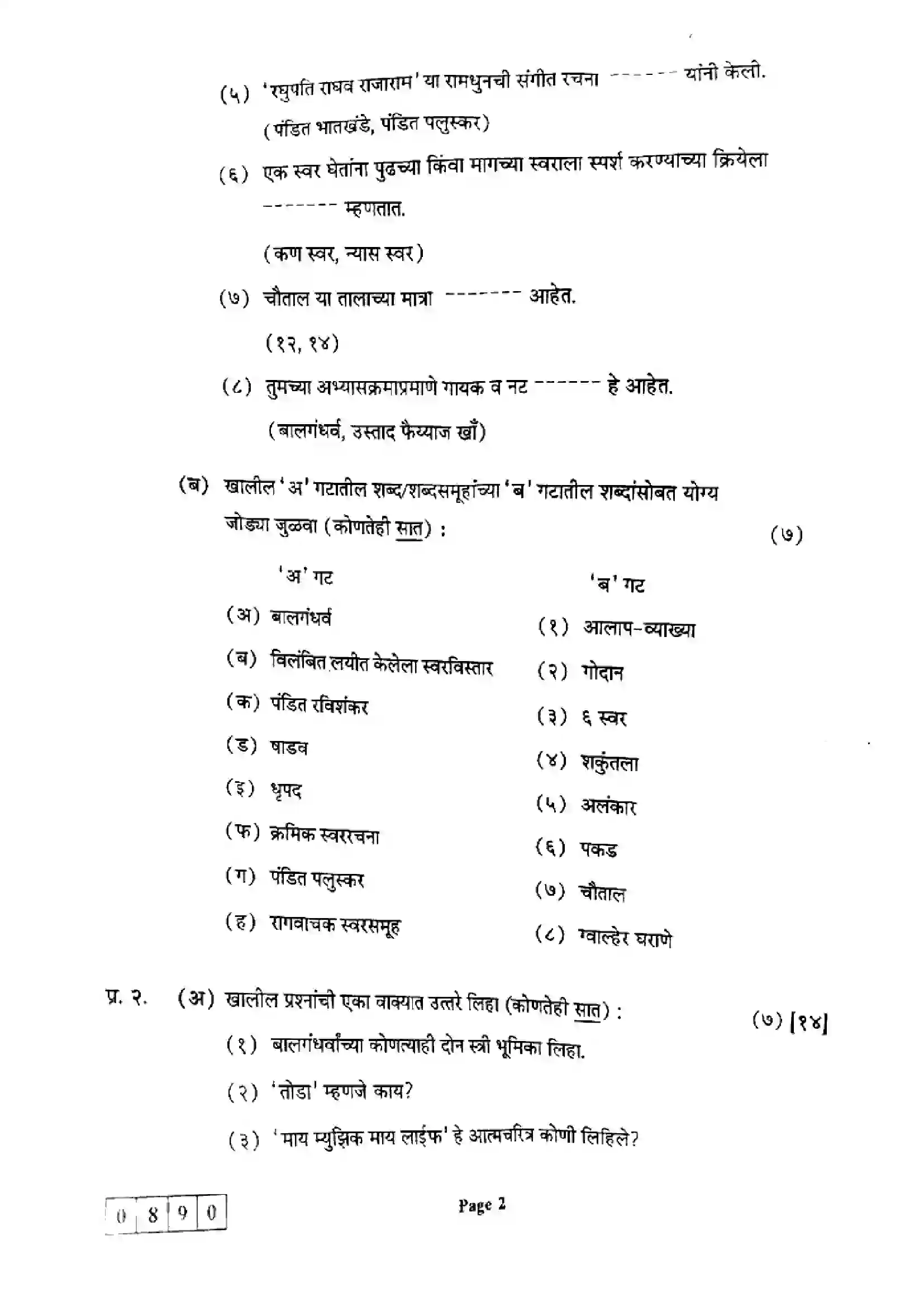 Maharashtra Board Class 12th 2024 History And Development Of Indian Music Previous Year Paper 2