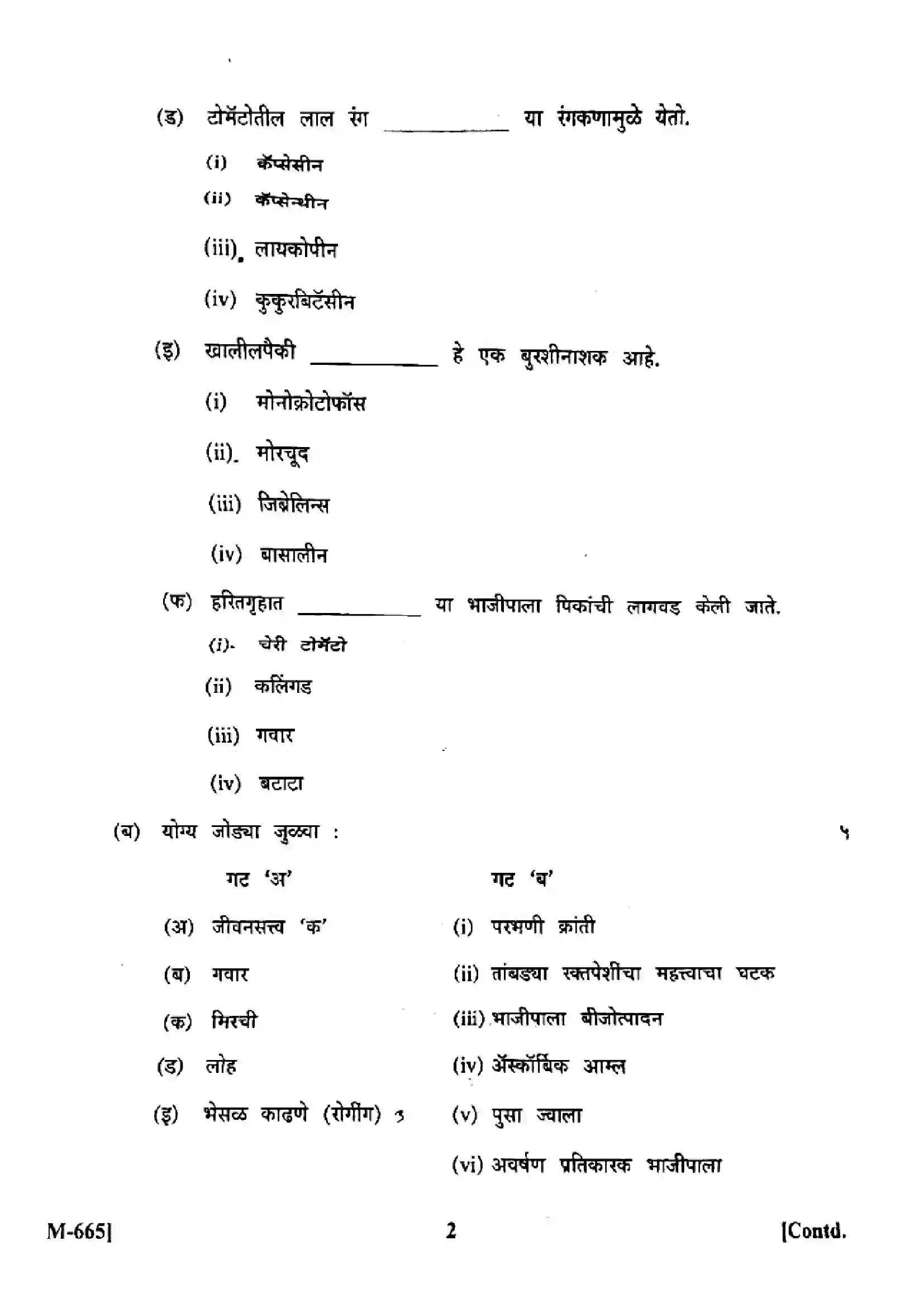 Maharashtra Board Class 12th 2024 Horticulture Vegetable Production Previous Year Paper 2