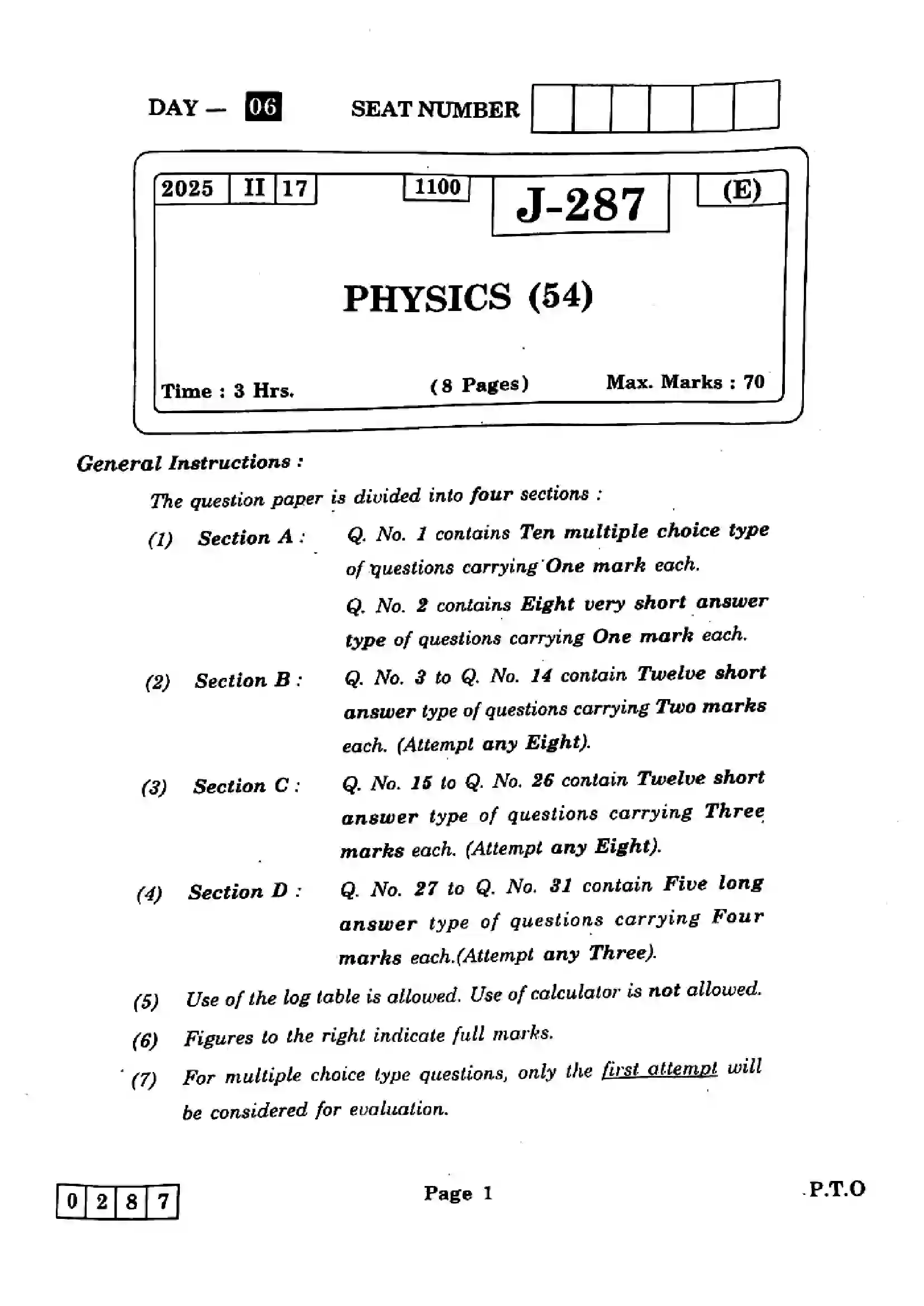 Maharashtra Board Class 12th 2025 Physics - J-287 Previous Year Paper 1
