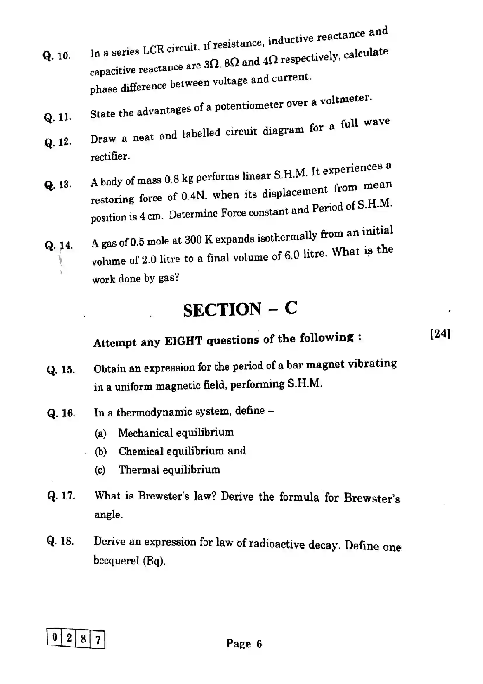 Maharashtra Board Class 12th 2025 Physics - J-287 Previous Year Paper 6