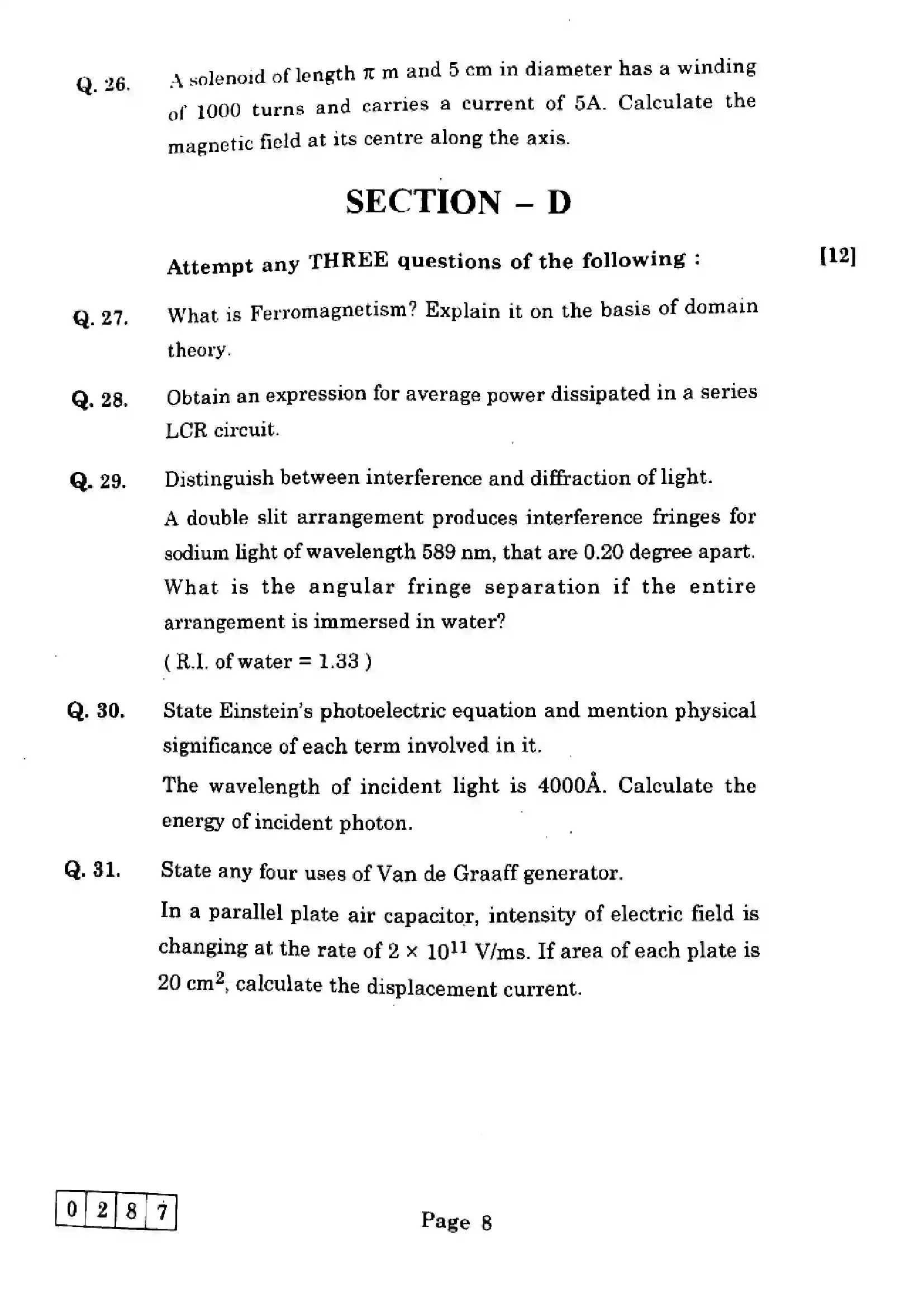 Maharashtra Board Class 12th 2025 Physics - J-287 Previous Year Paper 8
