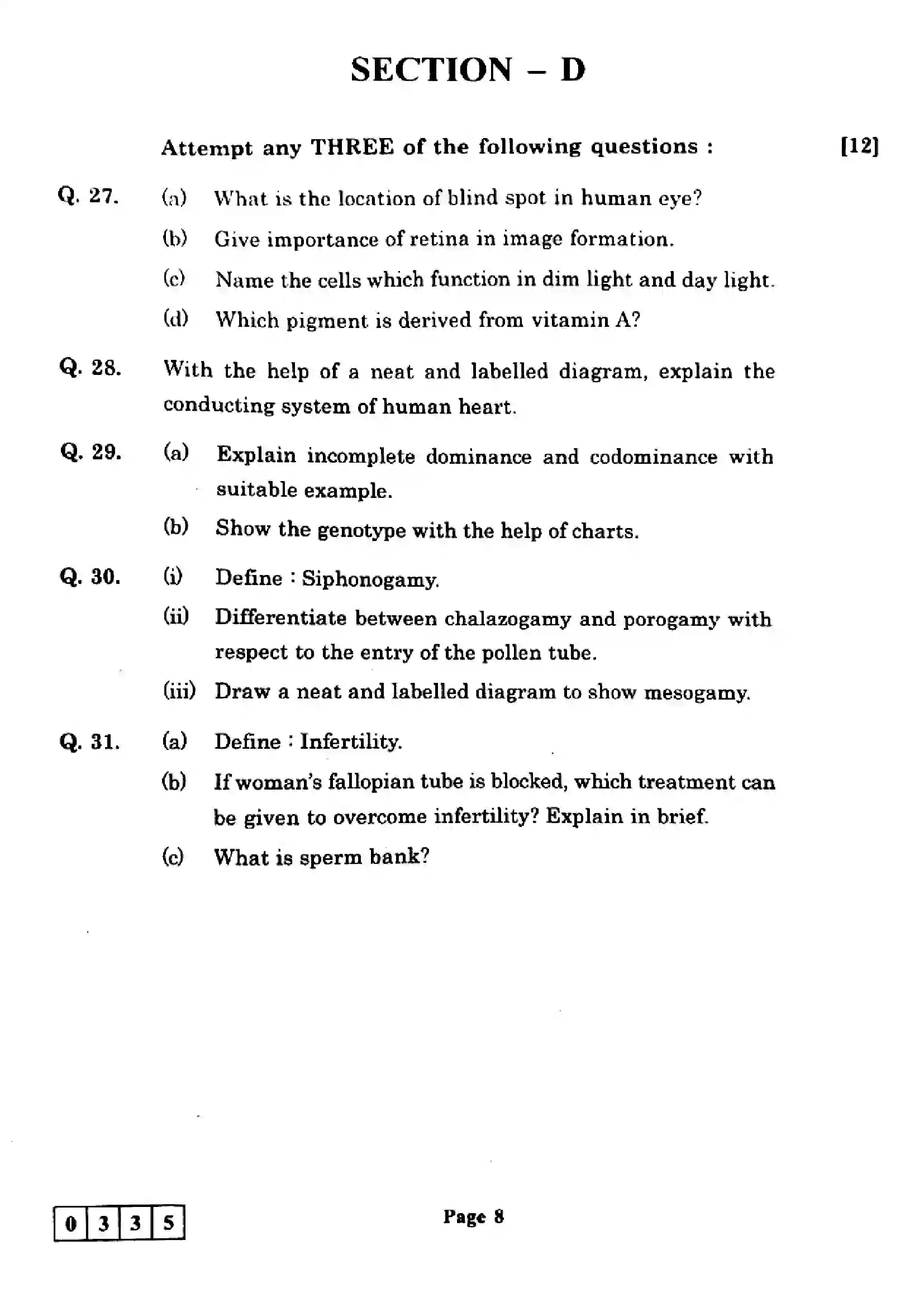 Maharashtra Board Class 12th 2025 Biology - J-335 Previous Year Paper 8