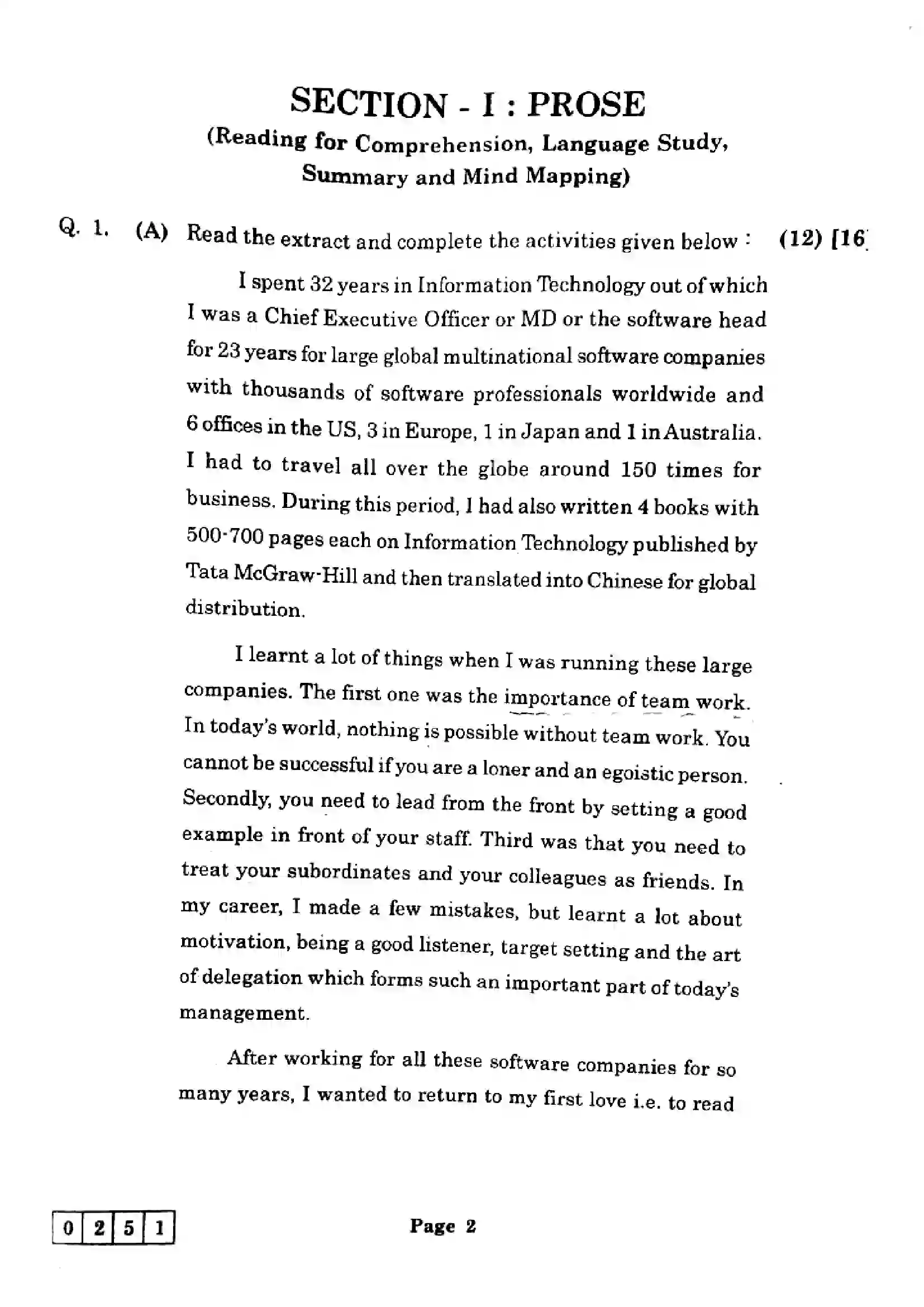 Maharashtra Board Class 12th 2025 English - J-251 Previous Year Paper 2