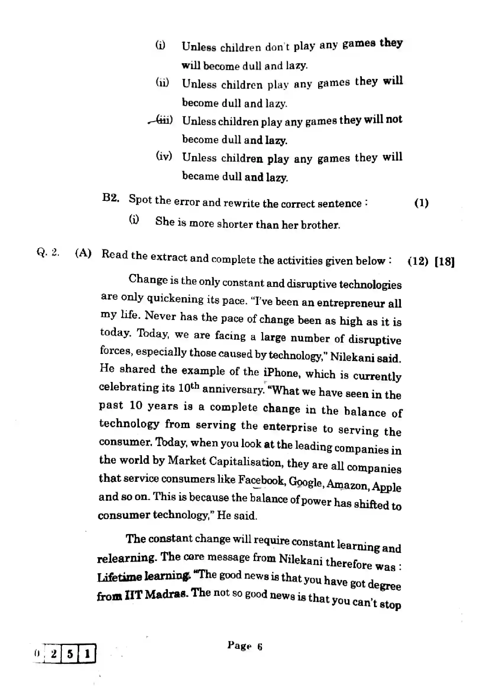 Maharashtra Board Class 12th 2025 English - J-251 Previous Year Paper 6