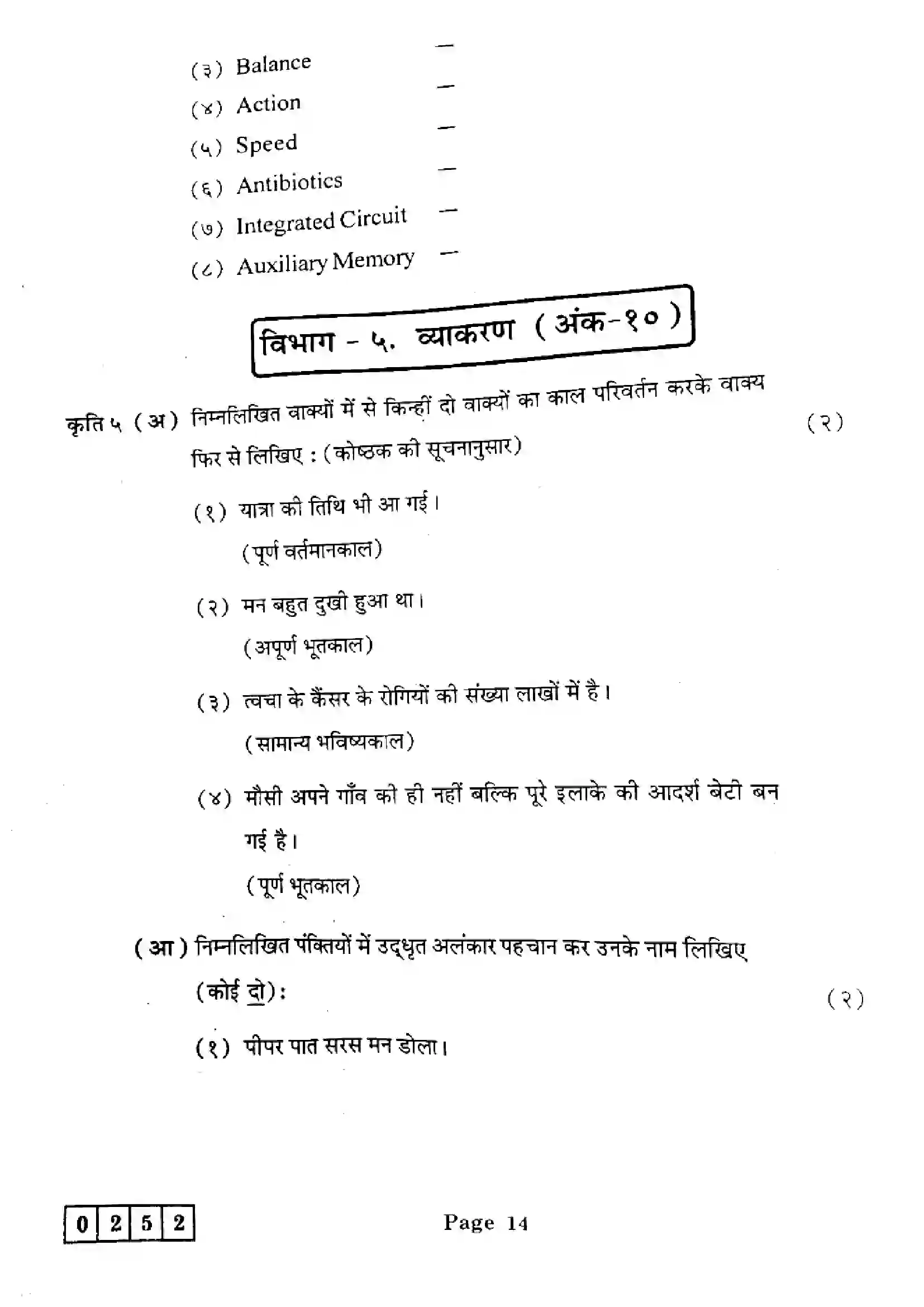 Maharashtra Board Class 12th 2025 Hindi - J-252 Previous Year Paper 14