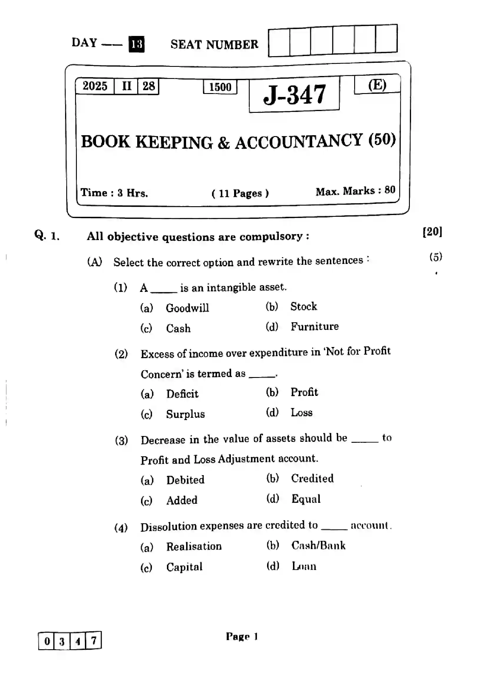 Maharashtra Board Class 12th 2025 Book Keeping and Accountancy - J-347 Previous Year Paper 1