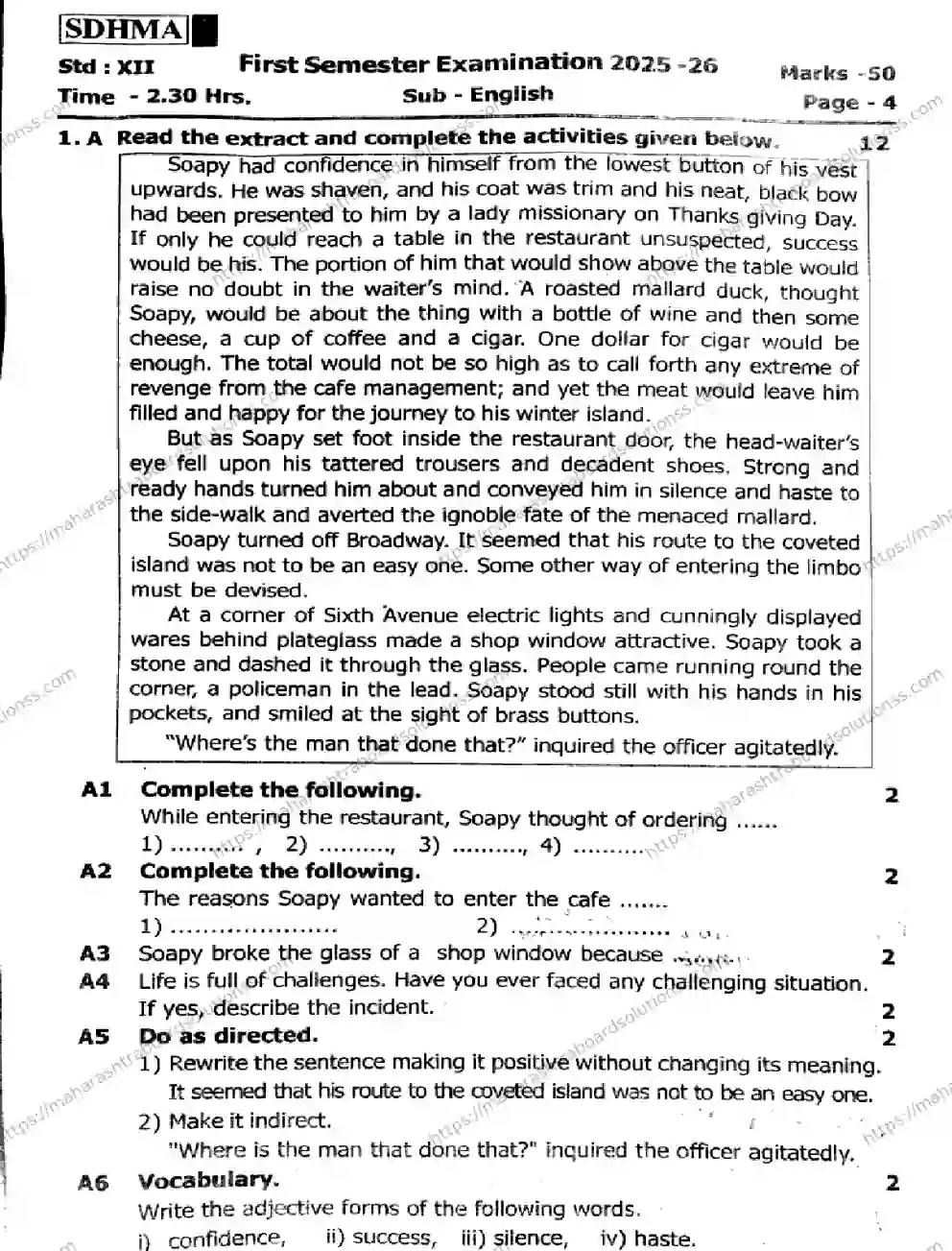Maharashtra Board Class 12th 2026 1 SEM ENGLISH 151125 Previous Year Paper 1