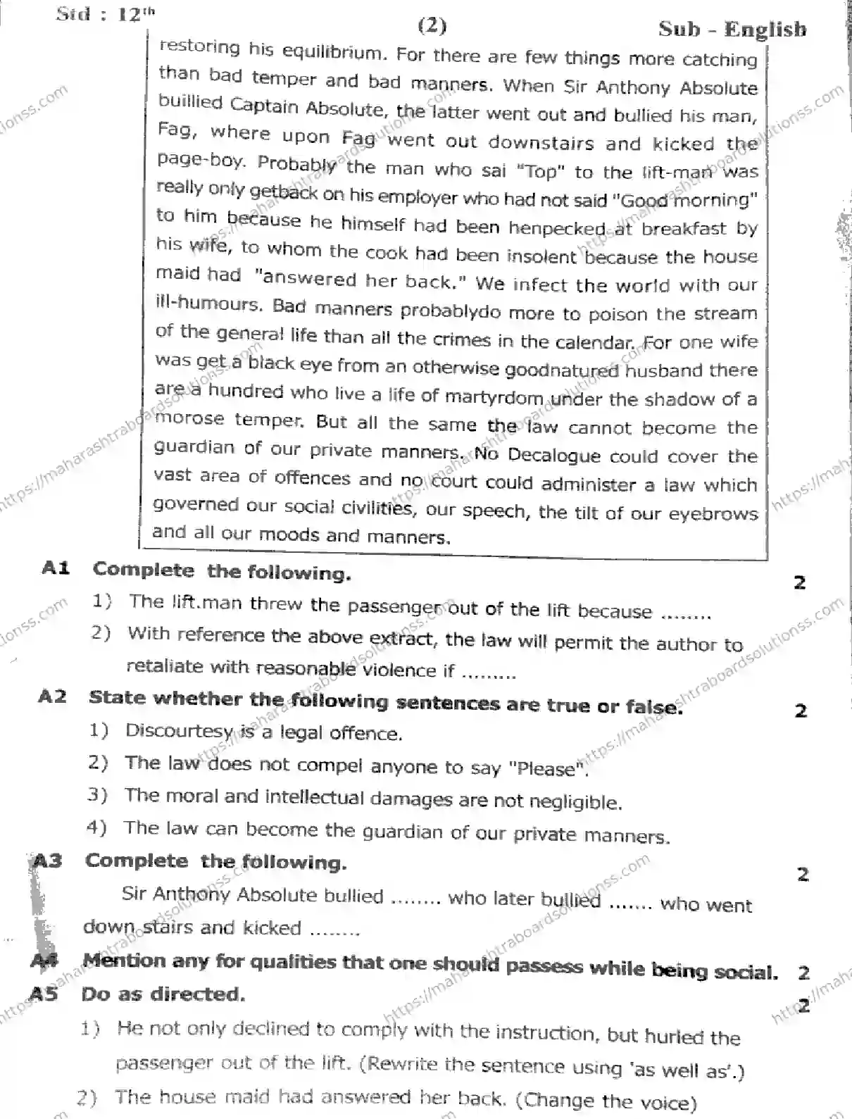 Maharashtra Board Class 12th 2026 FIRST UNIT TEST ENGLISH 151125 Previous Year Paper 2