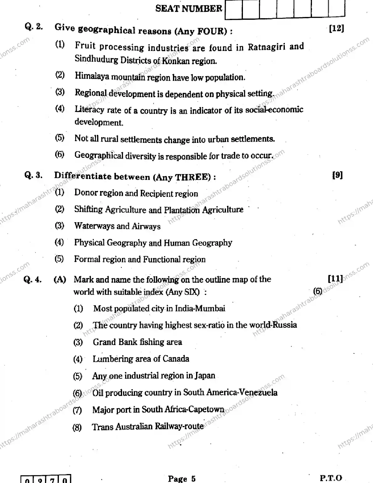 Maharashtra Board Class 12th 2026 GEOGRAPHY 39 J 270 Previous Year Paper 5