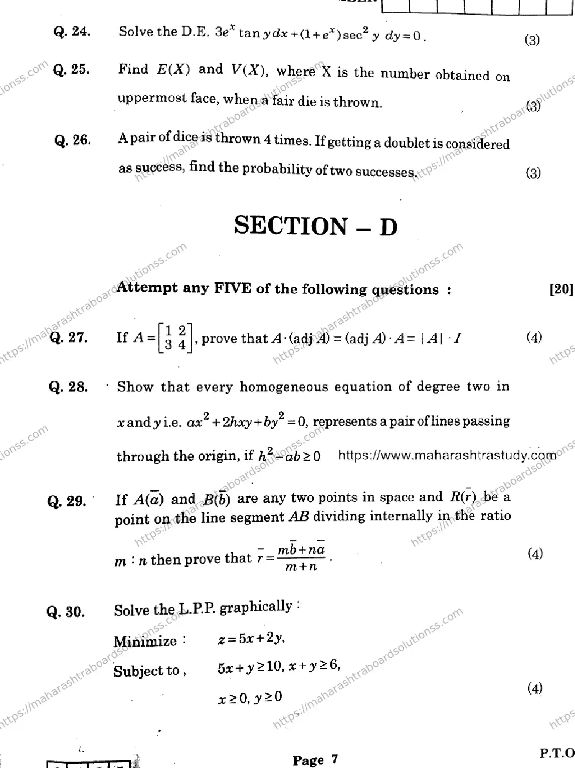 Maharashtra Board Class 12th 2026 MATHEMATICS AND STATISTICS 40 J 165 Previous Year Paper 7