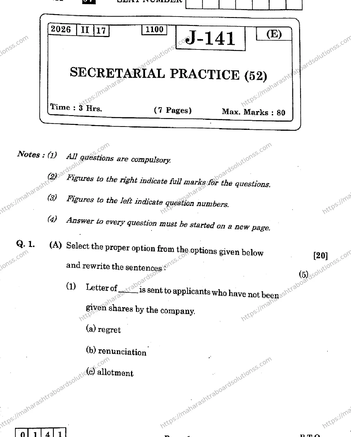 Maharashtra Board Class 12th 2026 SECRETARIAL PRACTICE 52 J 141 Previous Year Paper 1