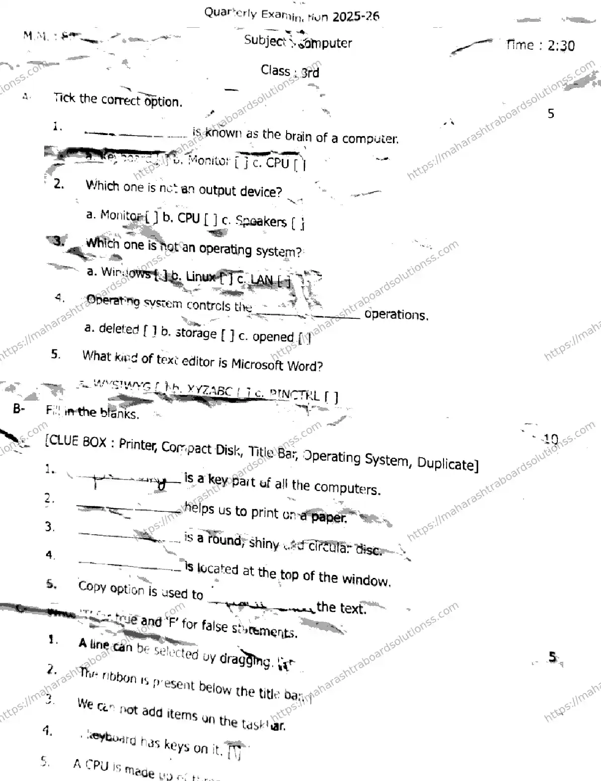 Maharashtra Board Class 3rd 2026 QUARTERLY COMPUTER 281025 Previous Year Paper 1