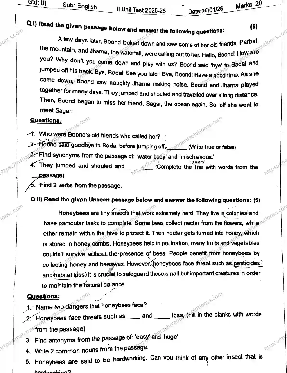 Maharashtra Board Class 3rd 2026 SECOND UNIT TEST ENGLISH 140126 JAN Previous Year Paper 1