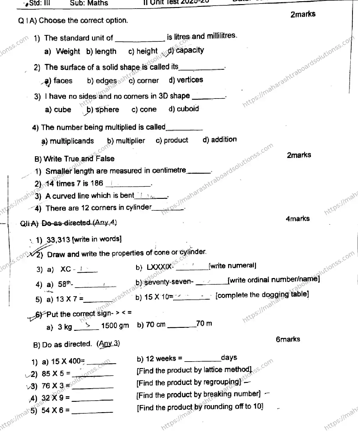 Maharashtra Board Class 3rd 2026 SECOND UNIT TEST MATHEMATICS 140126 JAN Previous Year Paper 1