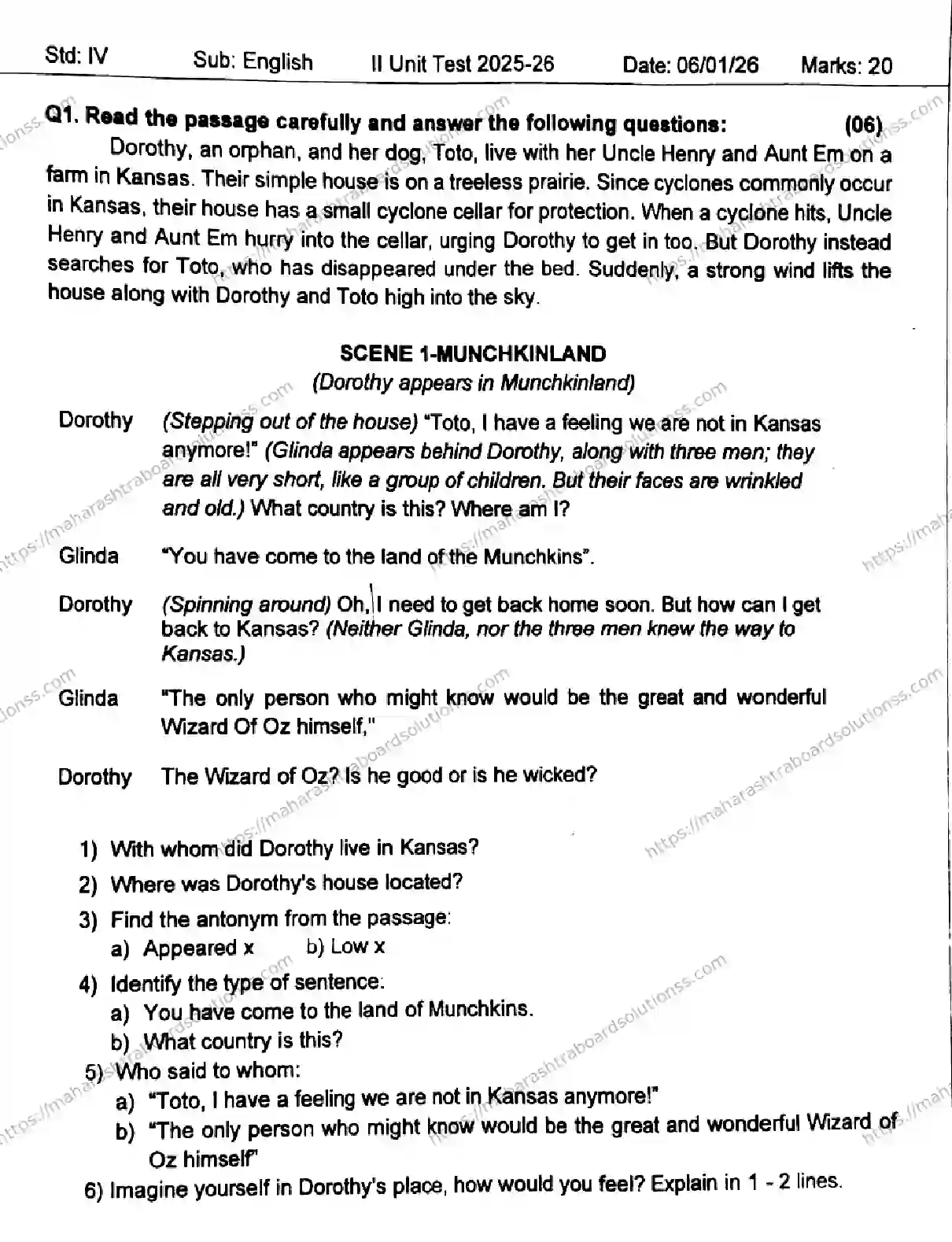 Maharashtra Board Class 4th 2026 SECOND UNIT TEST ENGLISH 140126 JAN Previous Year Paper 1