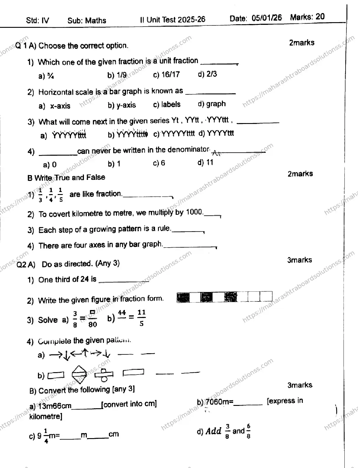 Maharashtra Board Class 4th 2026 SECOND UNIT TEST MATHEMATICS 140126 JAN Previous Year Paper 1