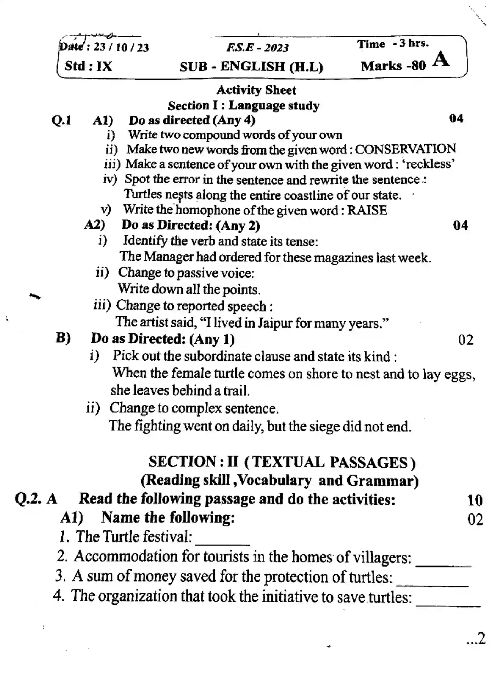 Maharashtra Board Class 9th 2023 English - 181123 - (Set-A) - 2023 Previous Year Paper 1