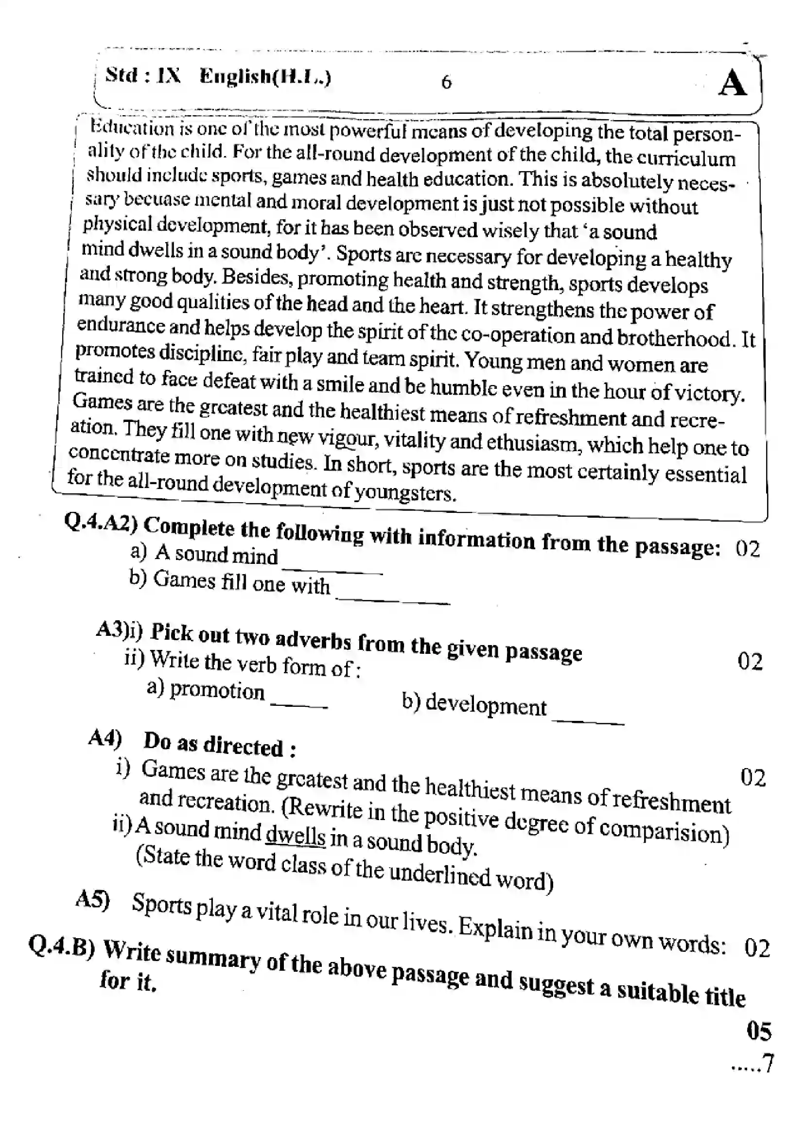 Maharashtra Board Class 9th 2023 English - 181123 - (Set-A) - 2023 Previous Year Paper 6