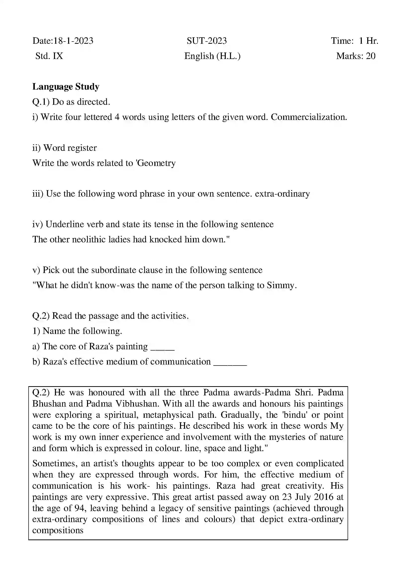 Maharashtra Board Class 9th 2023 English- SUT-2023-110223 - 2023 Previous Year Paper 1