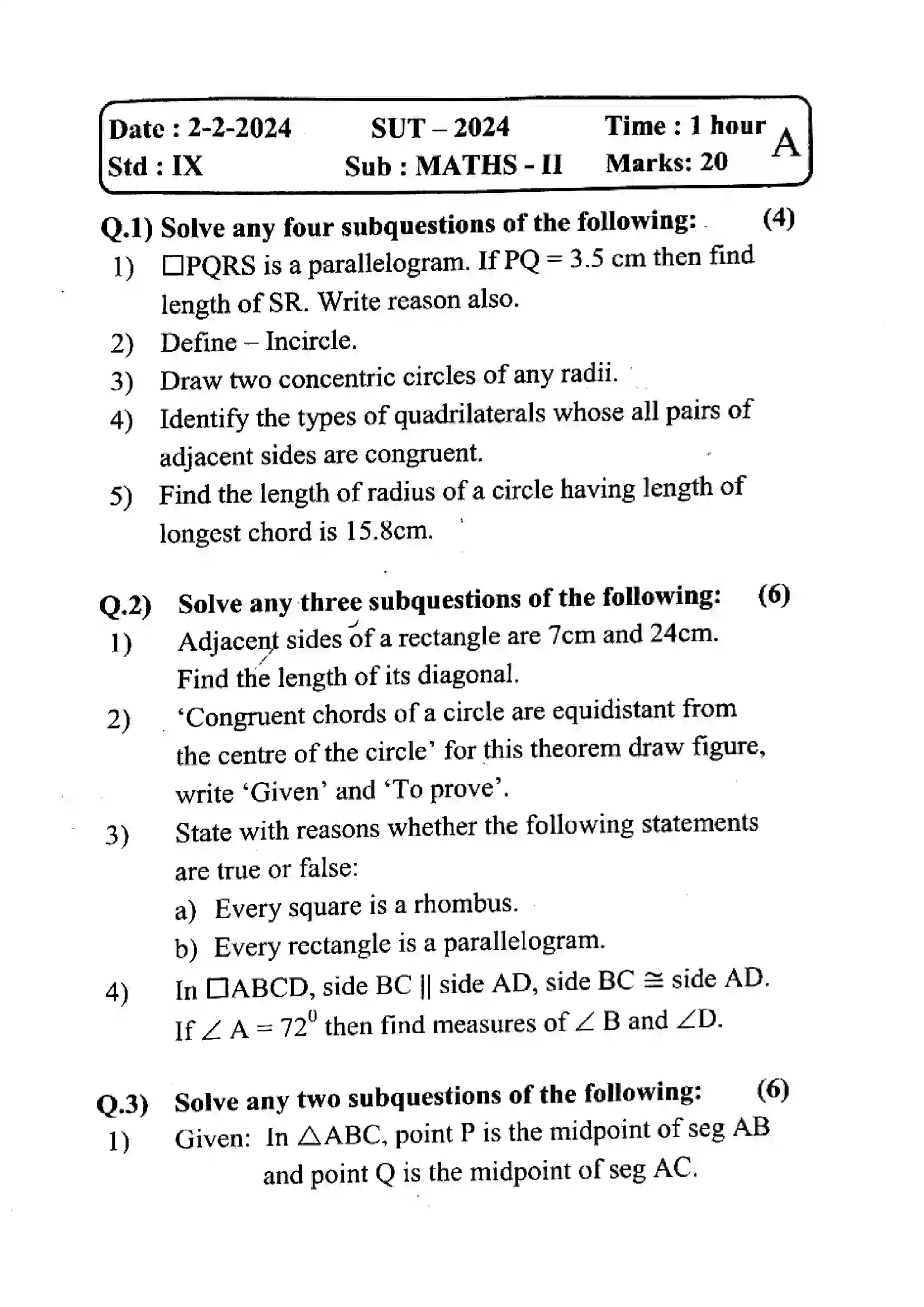 Maharashtra Board Class 9th 2024 Maths Previous Year Paper 1