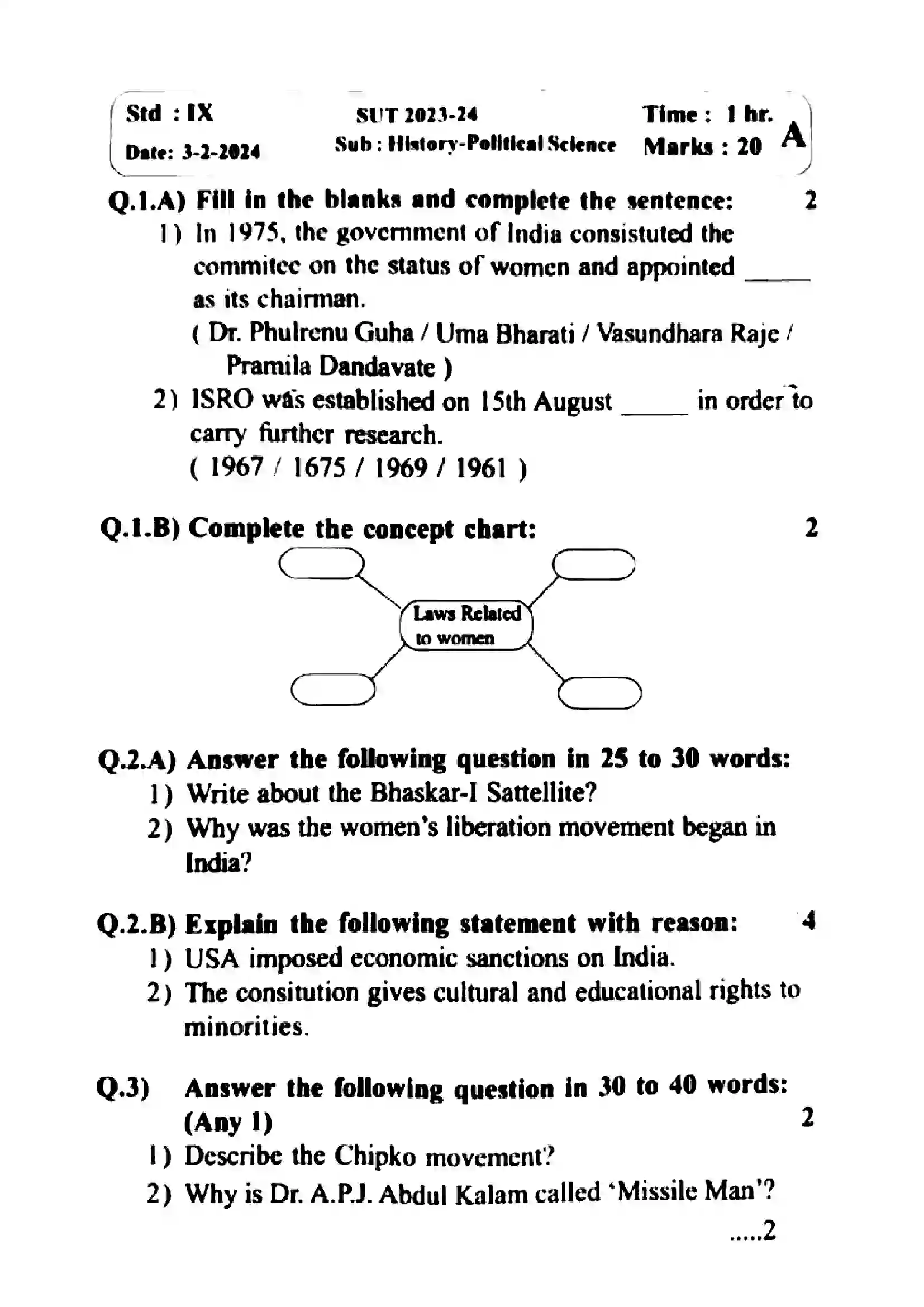 Maharashtra Board Class 9th 2024 History and Political Science Previous Year Paper 1