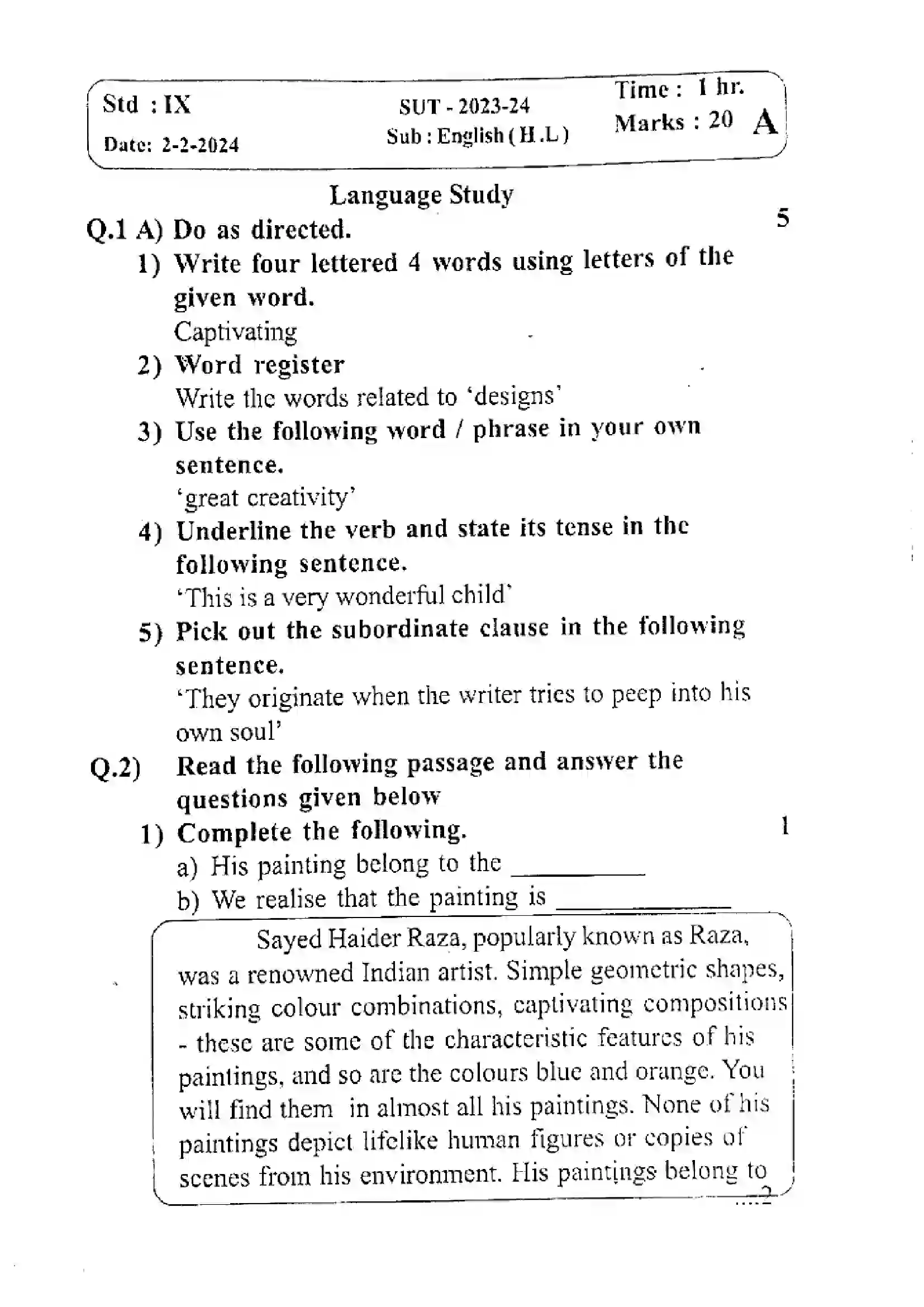 Maharashtra Board Class 9th 2024 English Previous Year Paper 1