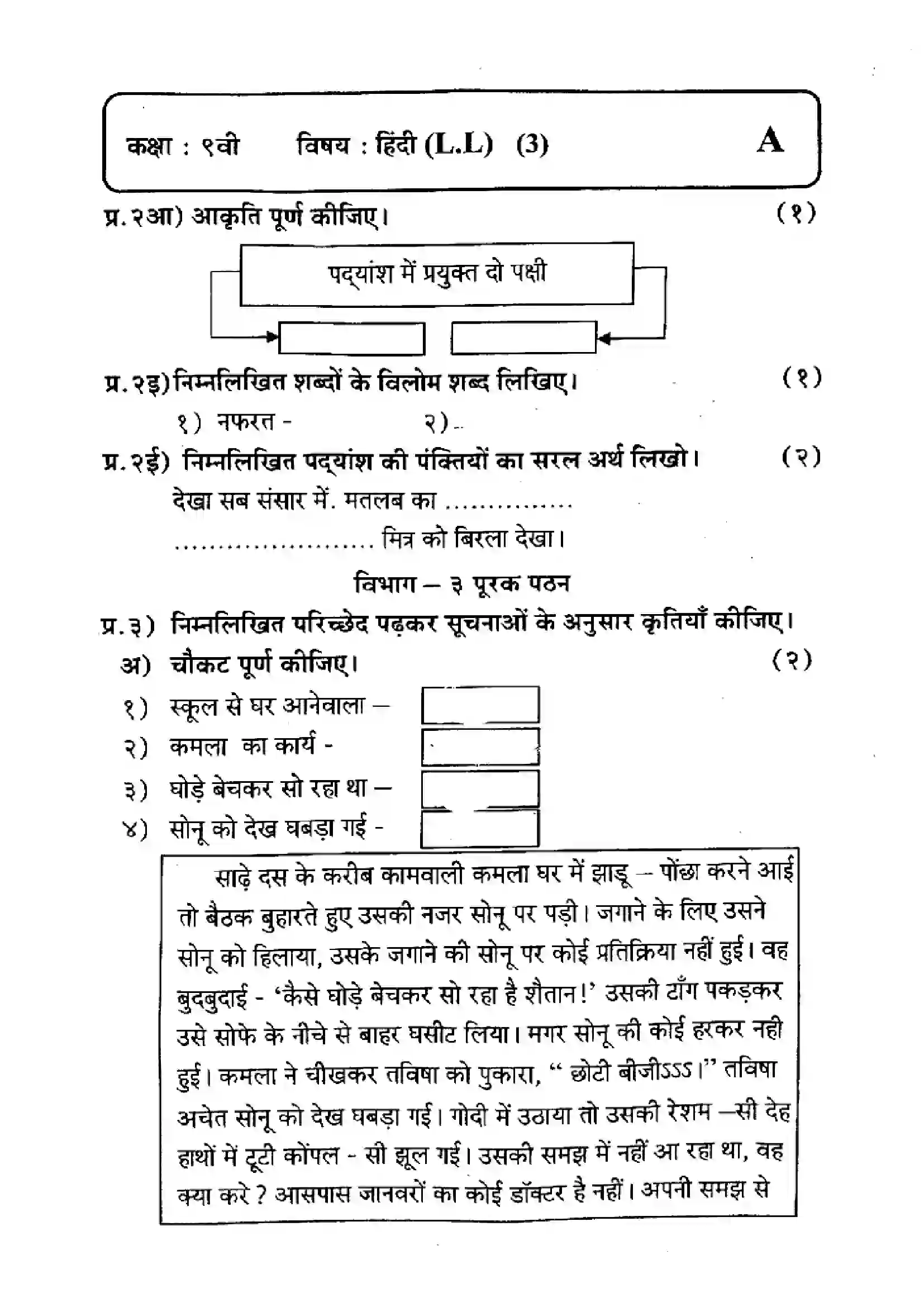 Maharashtra Board Class 9th 2024 Hindi Previous Year Paper 3