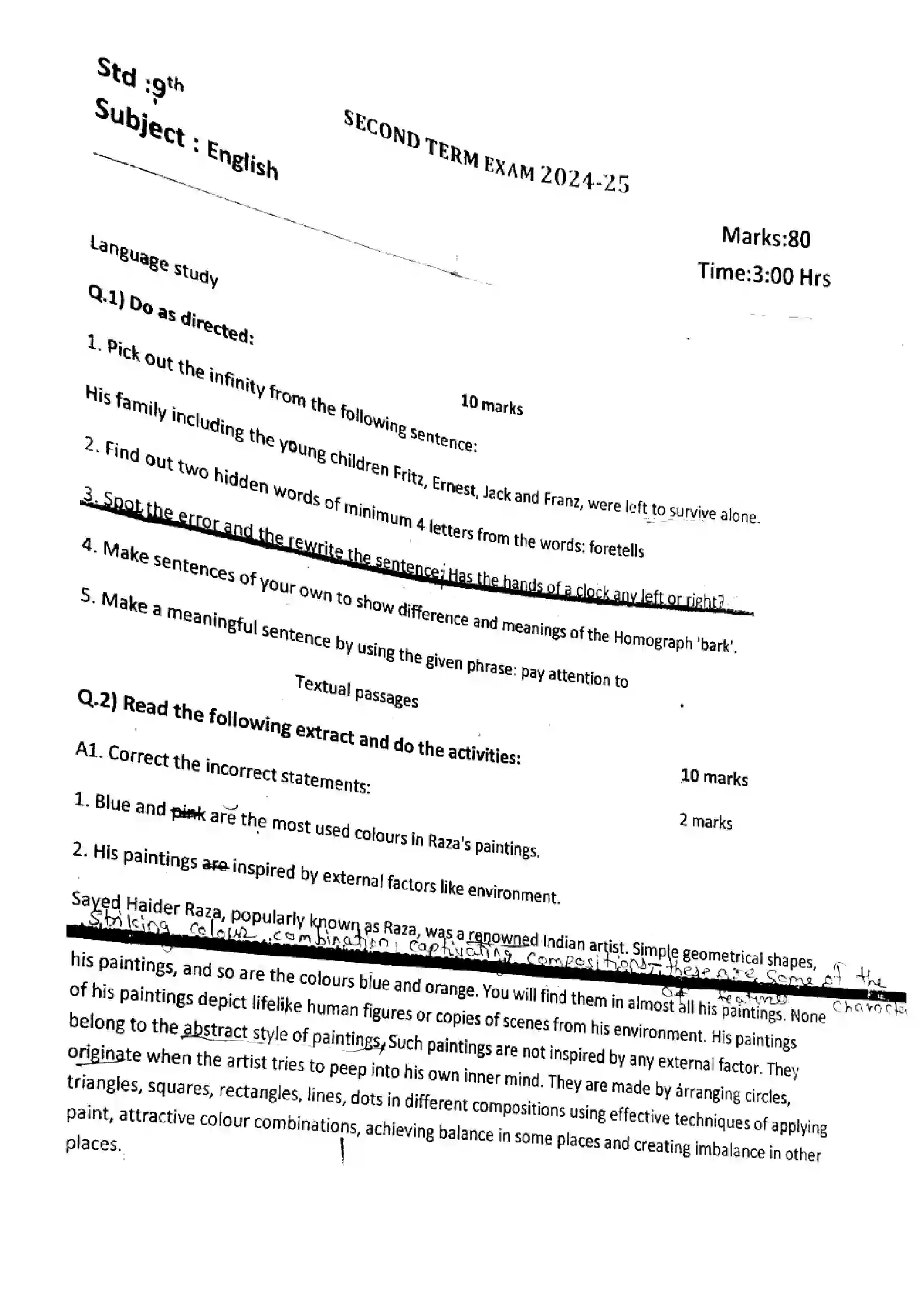 Maharashtra Board Class 9th 2025 English - (Term-2) Previous Year Paper 1