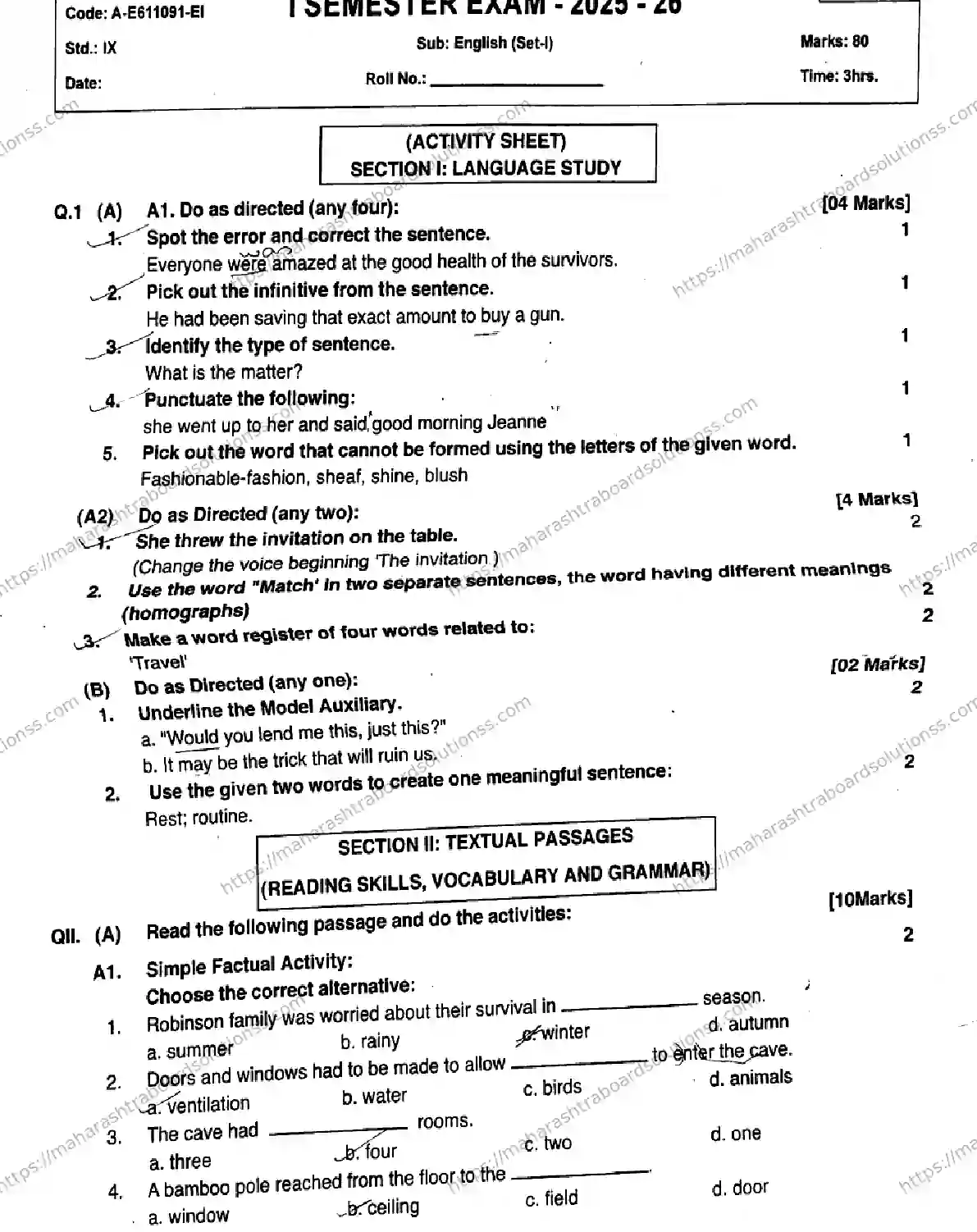 Maharashtra Board Class 9th 2026 1 SEM ENGLISH SET 1 A E611091 EI 080126 Previous Year Paper 1