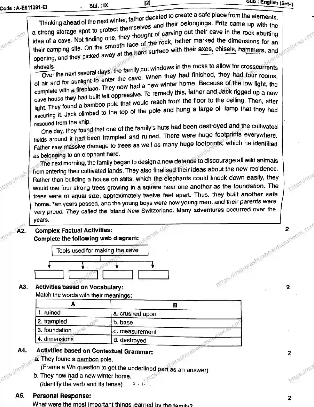 Maharashtra Board Class 9th 2026 1 SEM ENGLISH SET 1 A E611091 EI 080126 Previous Year Paper 2