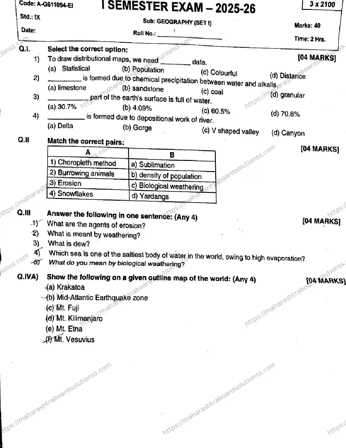 Maharashtra Board Class 9th 2026 1 SEM GEOGRAPHY SET 1 A G611094 EI 080126 Previous Year Paper 1