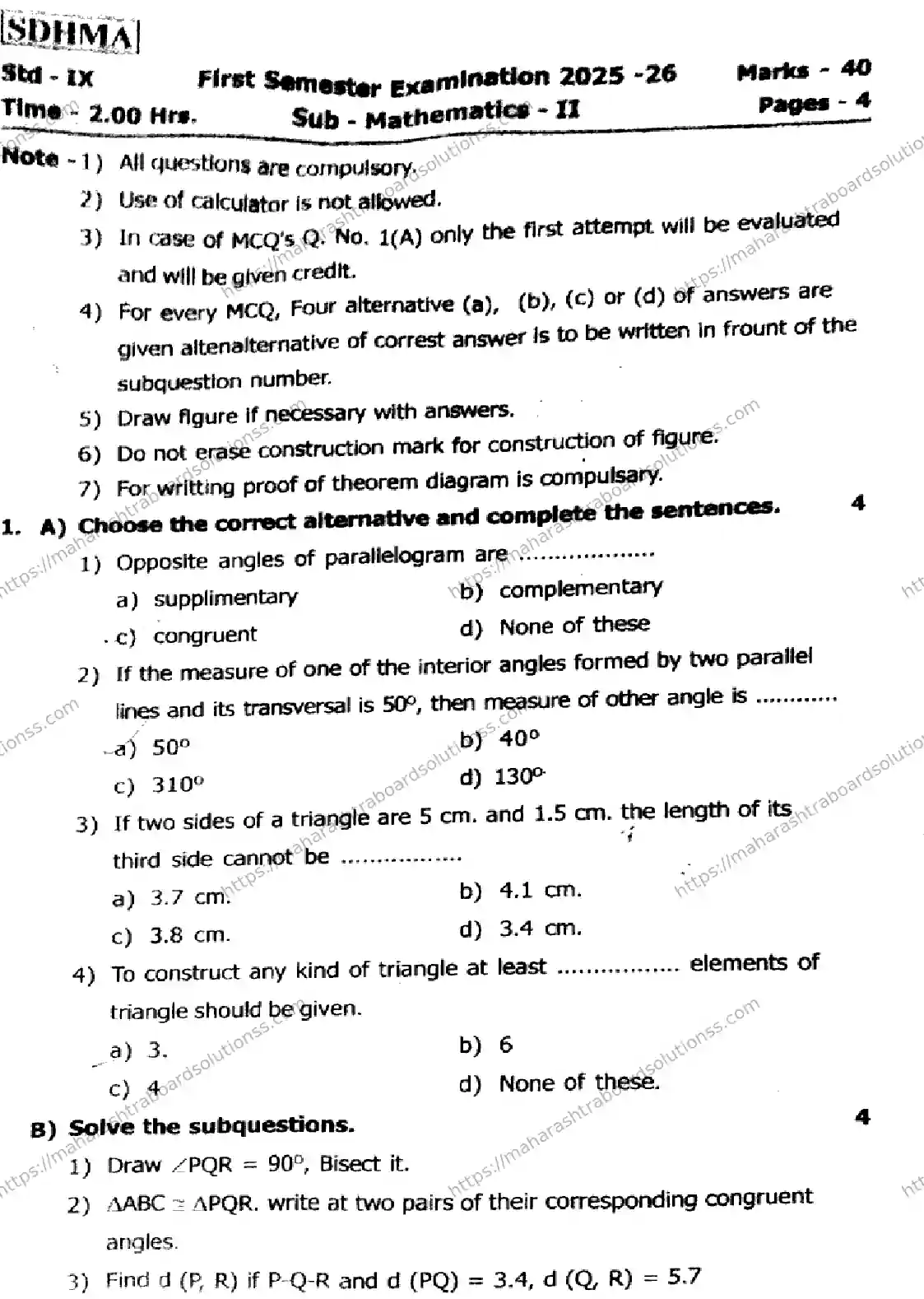 Maharashtra Board Class 9th 2026 1 SEM MATHEMATICS 2 281025 Previous Year Paper 1