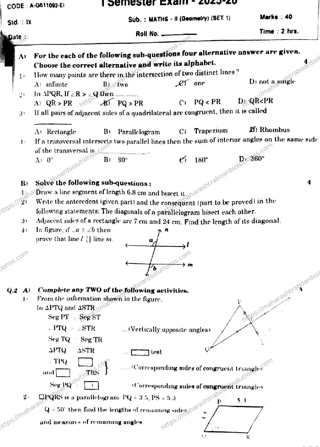 Maharashtra Board Class 9th 2026 1 SEM MATHEMATICS 2 GEOMETRY SET 1 A G611092 EI 080126 Previous Year Paper 1