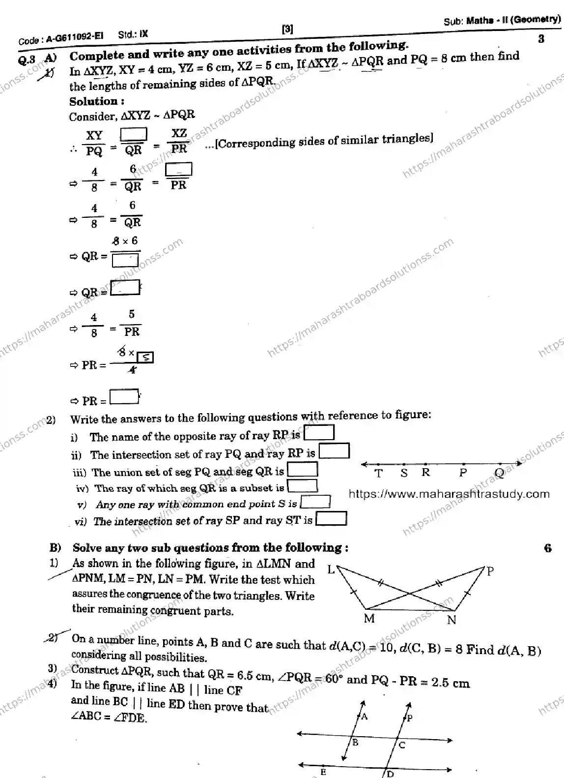 Maharashtra Board Class 9th 2026 1 SEM MATHEMATICS 2 GEOMETRY SET 1 A G611092 EI 080126 Previous Year Paper 3