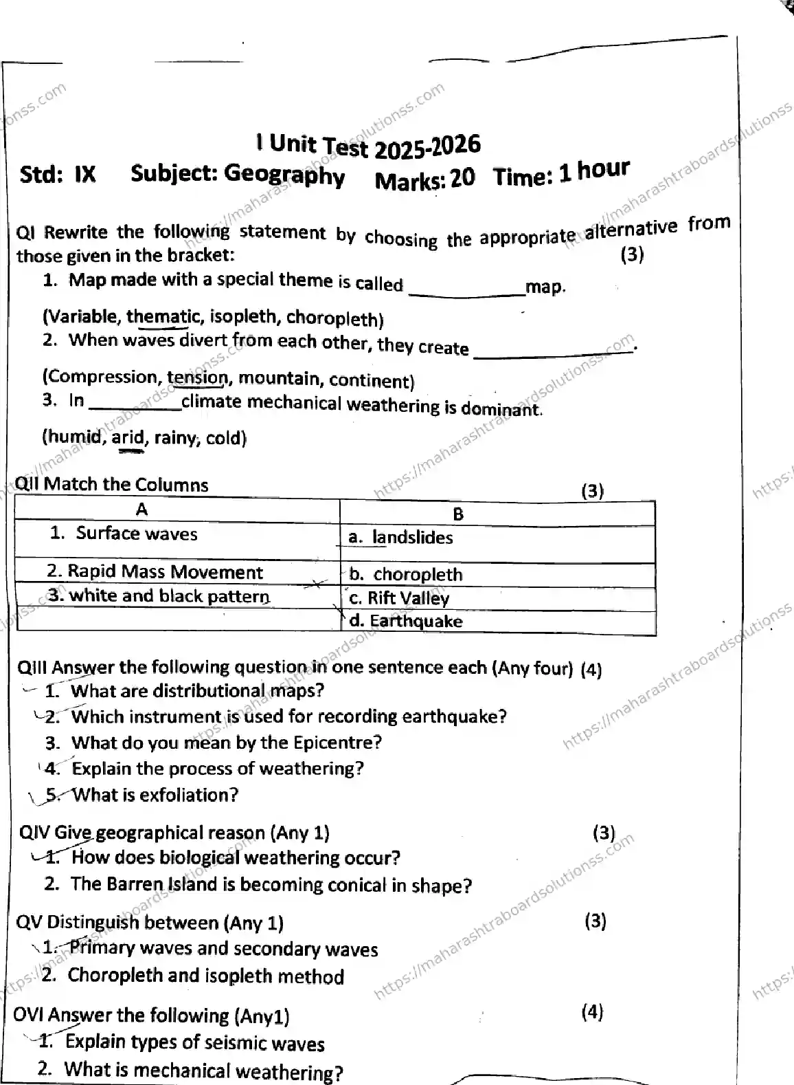 Maharashtra Board Class 9th 2026 FIRST UNIT TEST GEOGRAPHY 080126 Previous Year Paper 1