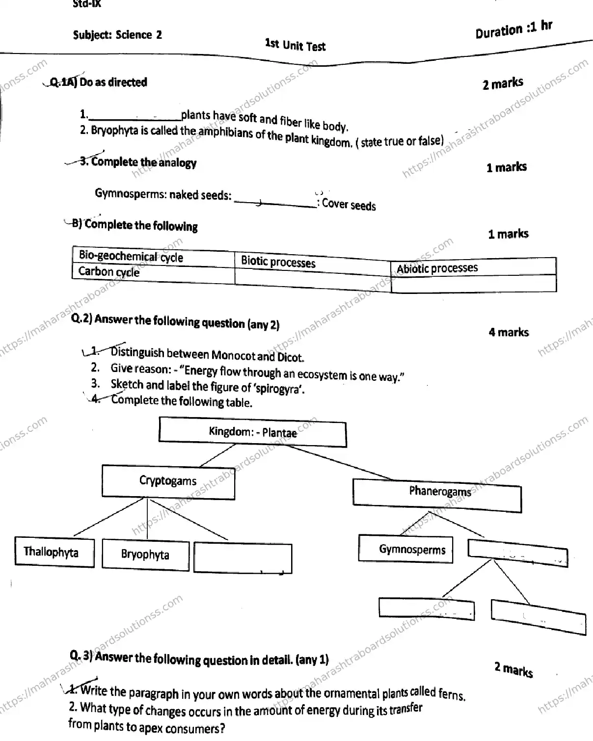 Maharashtra Board Class 9th 2026 FIRST UNIT TEST SCIENCE 2 080126 Previous Year Paper 1