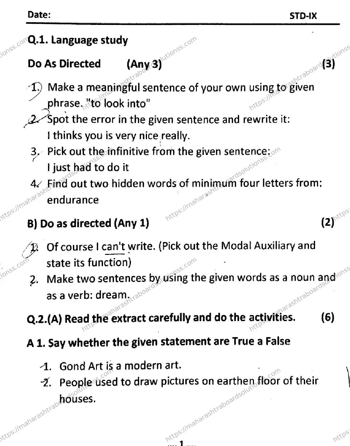 Maharashtra Board Class 9th 2026 SECOND UNIT TEST ENGLISH 080126 Previous Year Paper 1
