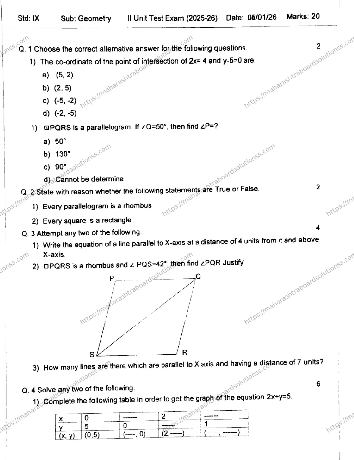 Maharashtra Board Class 9th 2026 SECOND UNIT TEST GEOMETRY 140126 JAN Previous Year Paper 1