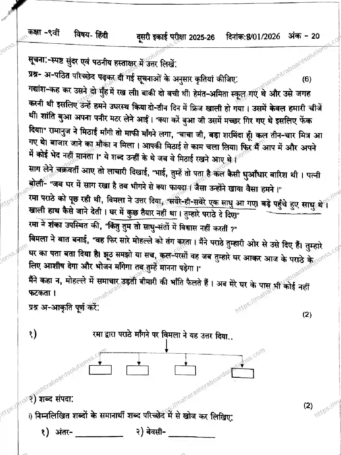 Maharashtra Board Class 9th 2026 SECOND UNIT TEST HINDI 140126 JAN Previous Year Paper 1