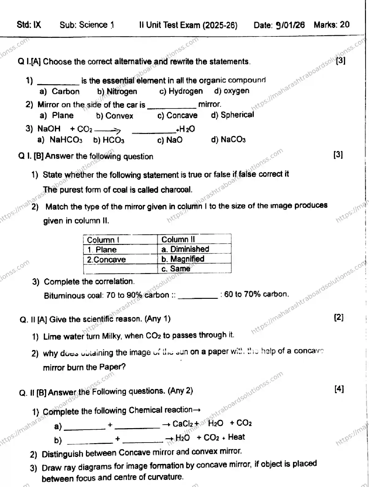 Maharashtra Board Class 9th 2026 SECOND UNIT TEST SCIENCE 1 140126 JAN Previous Year Paper 1