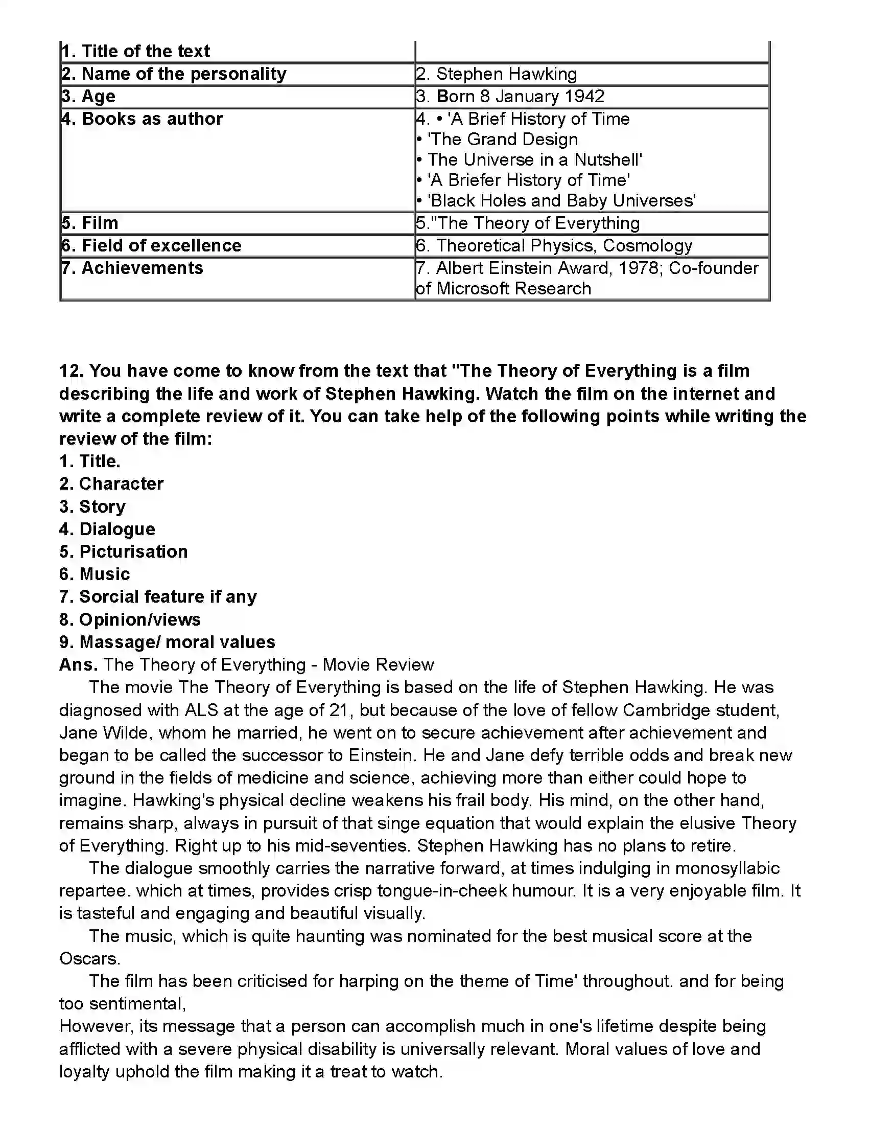 Maharashtra Board Class 10th English (Chapters Notes) Stephen Hawking. Revision Note 8