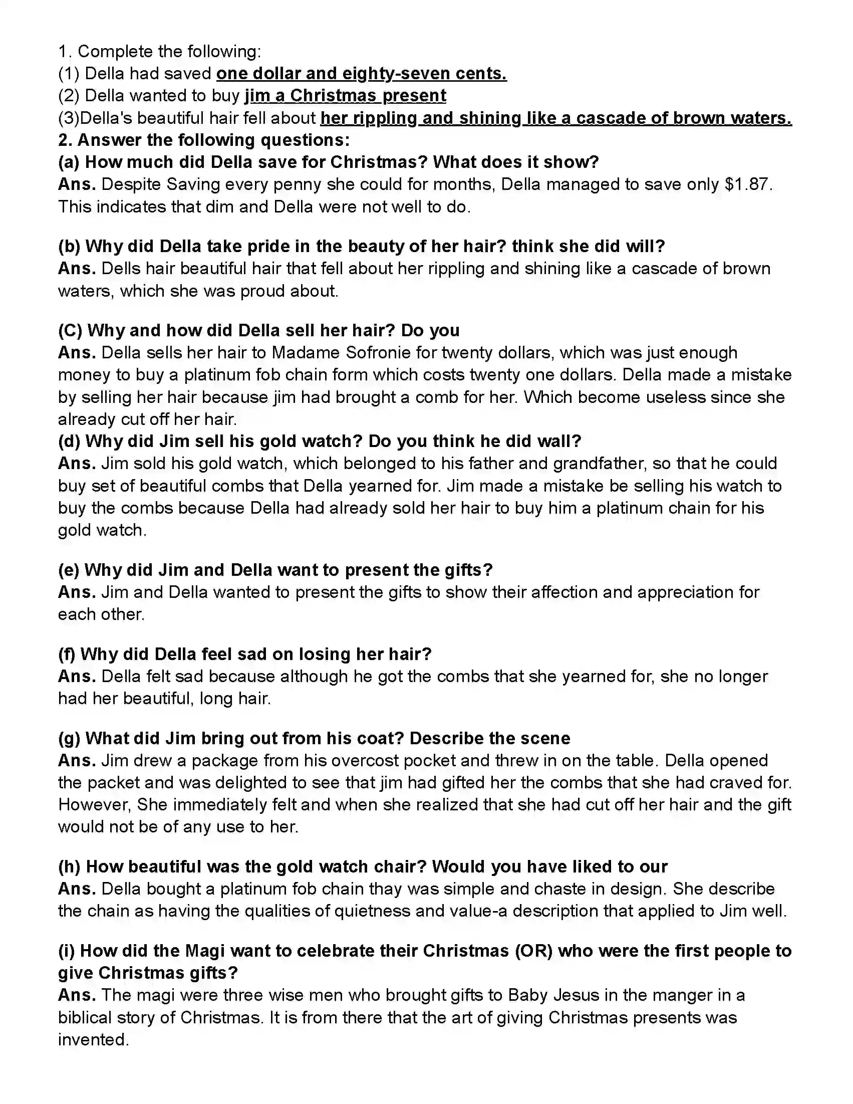 Maharashtra Board Class 10th English (Chapters Notes) The Gift of Magi Revision Note 2