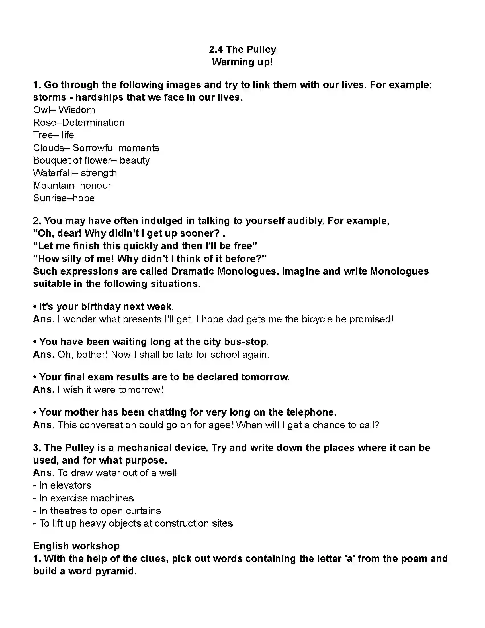 Maharashtra Board Class 10th English (Chapters Notes) The Pulley. Revision Note 1